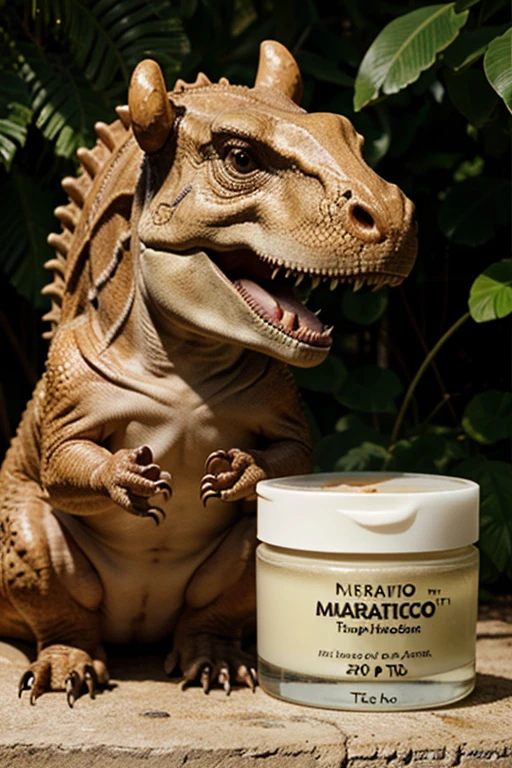 Dinosaurio t rex de apariencia adorable, the dinosaur is happy holding a moisturizer