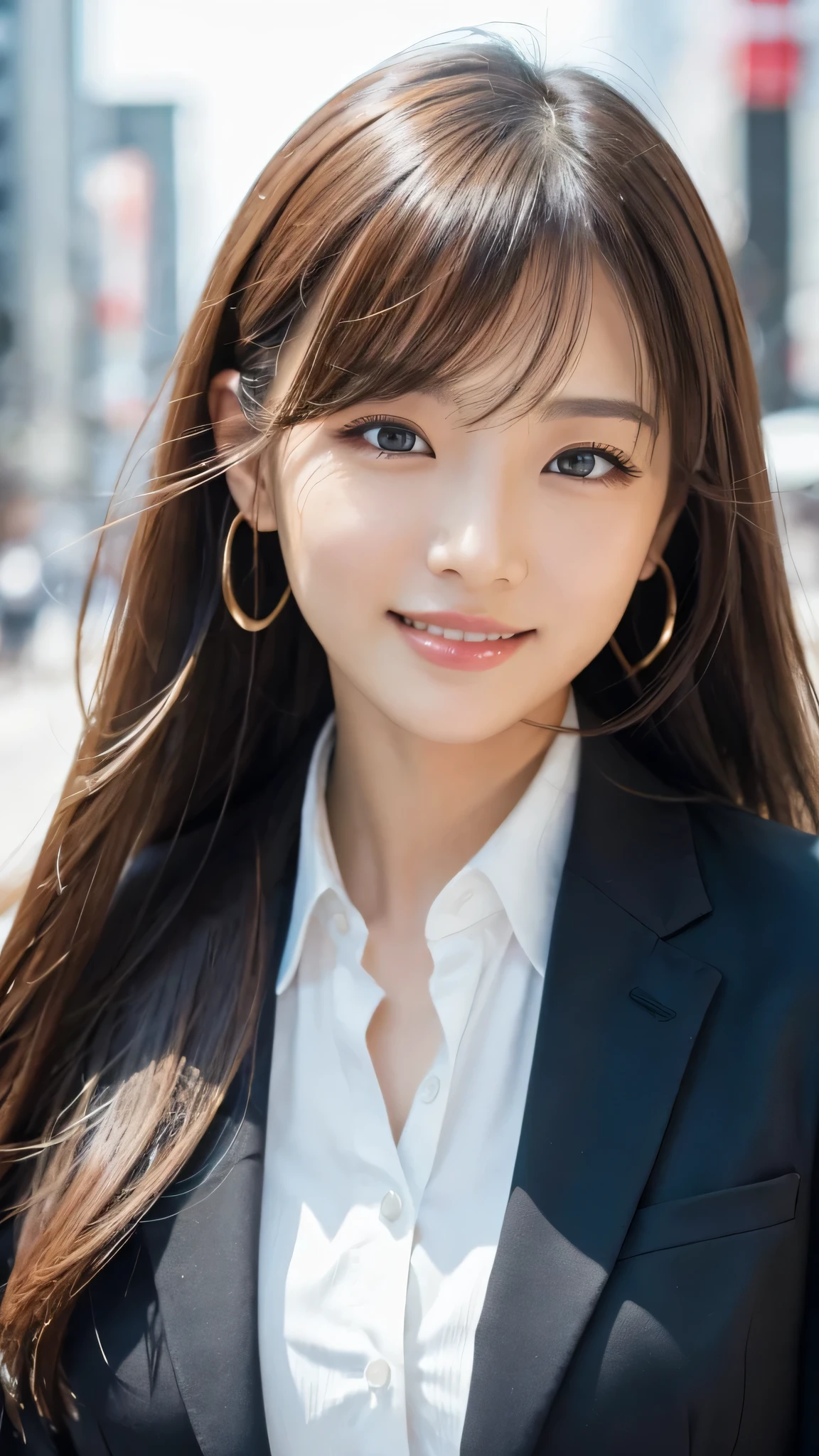 table top、highest quality、genuine、Super detailed、finely、High resolution、8k wallpaper、one beautiful woman、、、light brown disheveled hair、wearing a business suit、sharp focus、perfect dynamic composition、beautiful and detailed eyes、thin hair、Detailed genuine skin texture、smile、model body shape、In Tokyo at morning、Brush your hair up with your fingers.