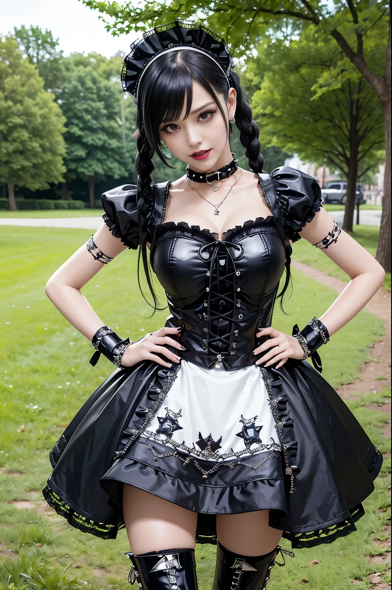 sexy stylish female model, only 1 female, ((doll-like appearance)), long dramatic stylish hair, ((shiny Punk-Style boots)), (big smile), ultra detailed eyes, lipgloss, ((sexy Punk Lolita cosplay)), unconventional skirt, petticoats, high neckline, ((ultra detailed lace)), ((ultra detailed embroidery)), intricate details, tartan patterns, safety pins, Punk Lolita accessoires, Punk Lolita choker, ((large sparkling Punk Lolita jewelry)), cinematic light, detailed large park background with trees 