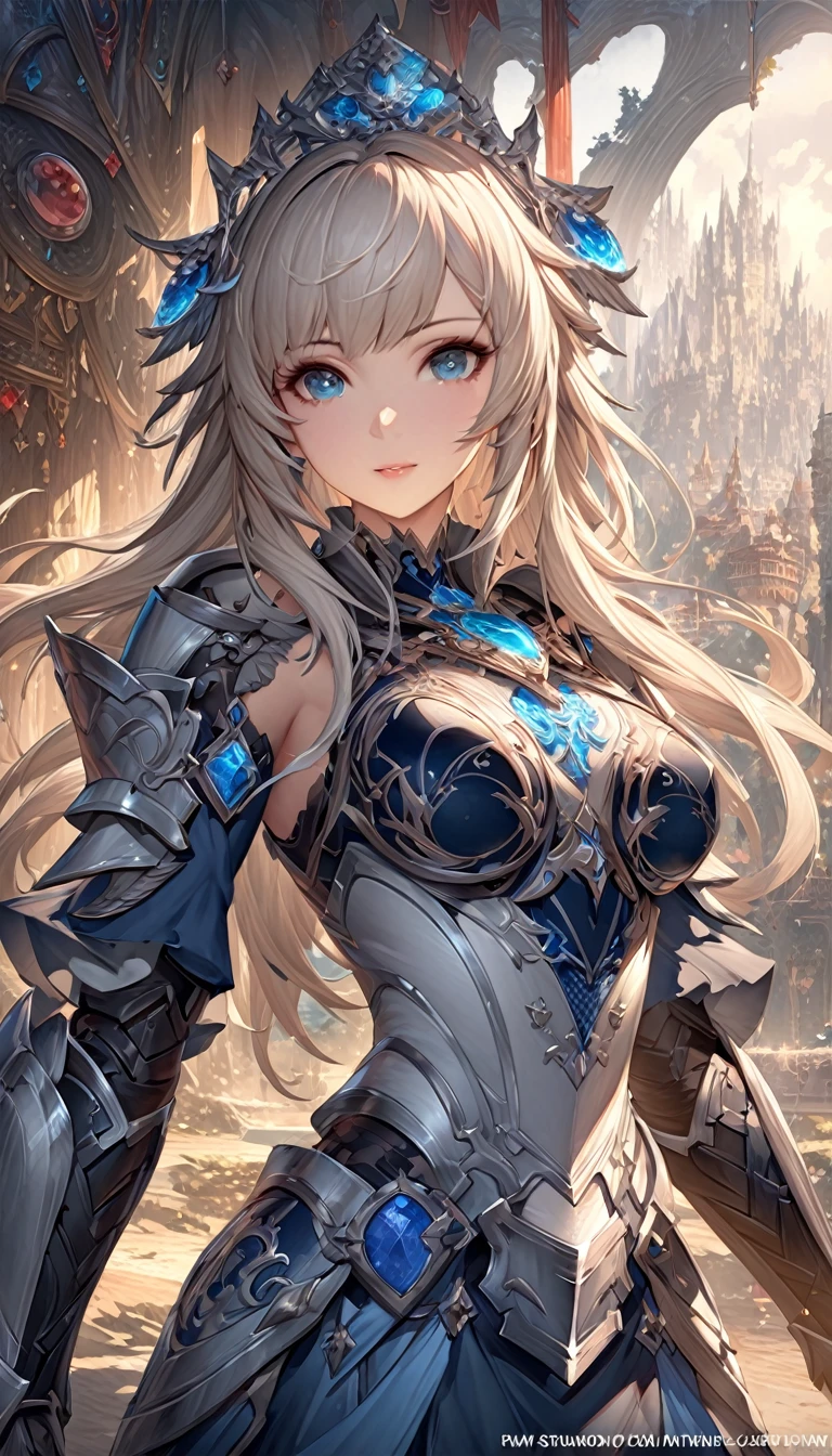 detailed portrait of a young woman in a silver and blue dress, close-up, art station by chen wei pan, by yan j, intricate fantasy art, stunning character art, fanart of the highest quality art station, grand and intricate character art, beautiful armor, highly detailed art gem, detailed digital anime art, artgerm's artstation pixiv, armored girl