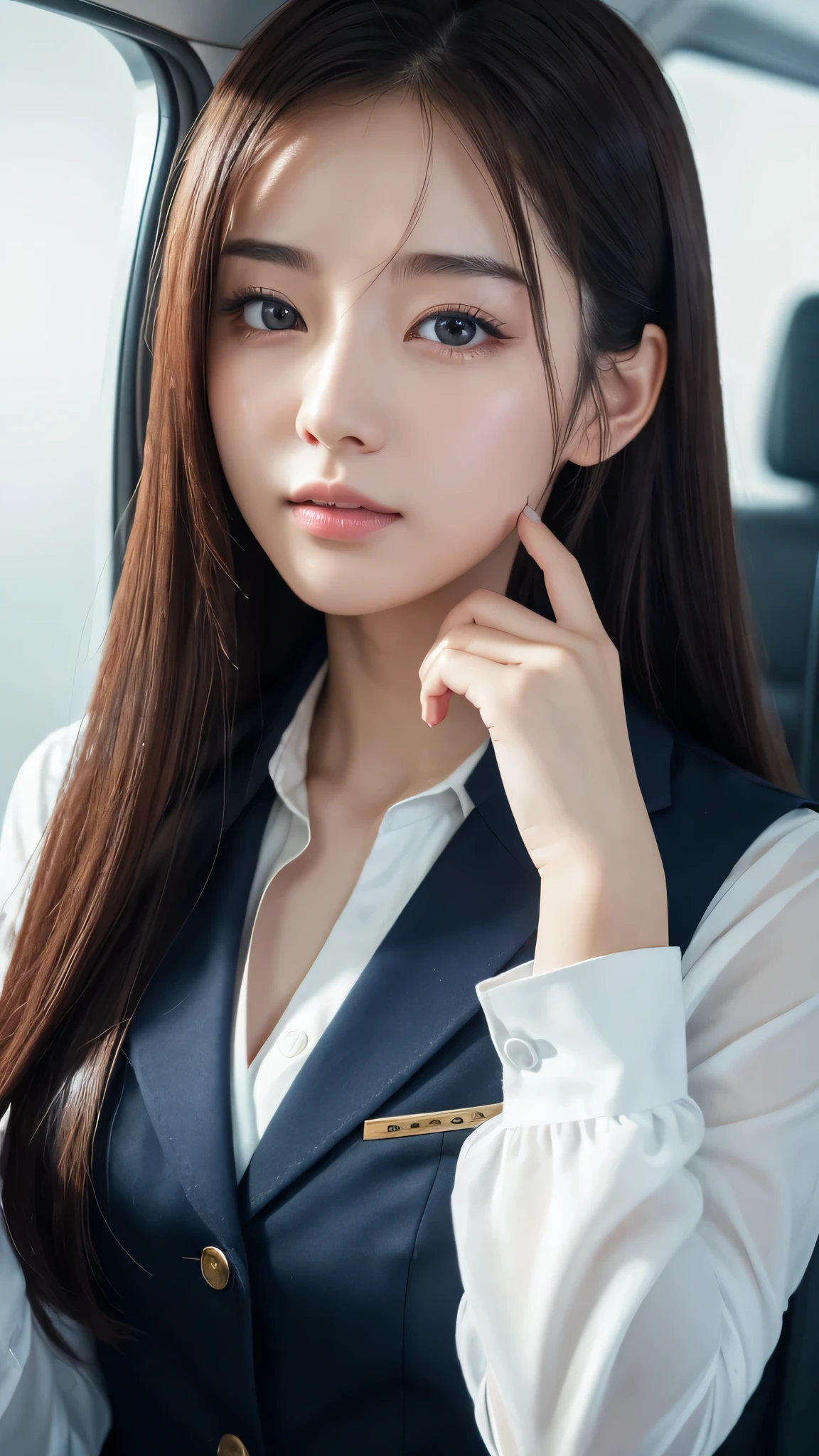 Super detailed, High resolution, Super detaileded, highest quality, wonderful, highest quality,Integrated 8K wallpaper, cinematic lighting, stewardess、20-year-old、Japanese、Brush your hair up with your fingers.