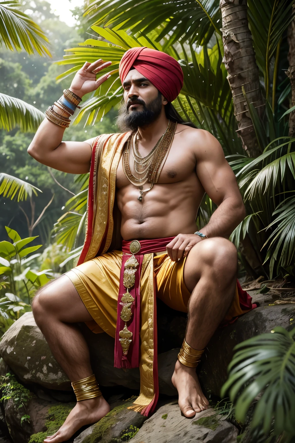 High Quality, High Resolution, Masterpiece: 1.5), Majestic Maharana Partap in the Jungle (iu:0.9),
Powerful, King-like demeanor, historical figure, Maharana Partap, sitting majestically on a large rock in the jungle,
Masterpiece, majestic aura, well-defined muscular body, regal attire, turban, armor, royal jewelry,
Majestic pose, hands on knees, gazing at the vast jungle, exotic wilderness, dense forest,
Mystical jungle, lush greenery, diverse wildlife, sunshine filtering through, vibrant colors,
Detailed background
