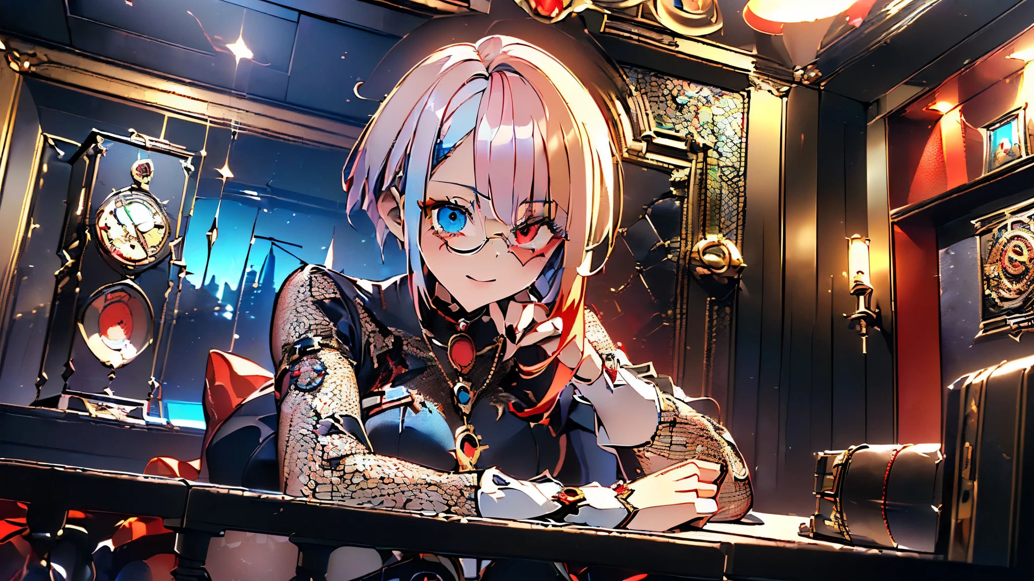 (((masterpiece,highest quality,High resolution,High detail,3D high quality animation))),(((Androgynous anime boy with red and blonde hair, a meshed-haired monocle, and red and blue heterochromia.))),Steampunk attire,Clock shaped brooch,Clock design necklace,laugh at,A room surrounded by computers and musical instruments