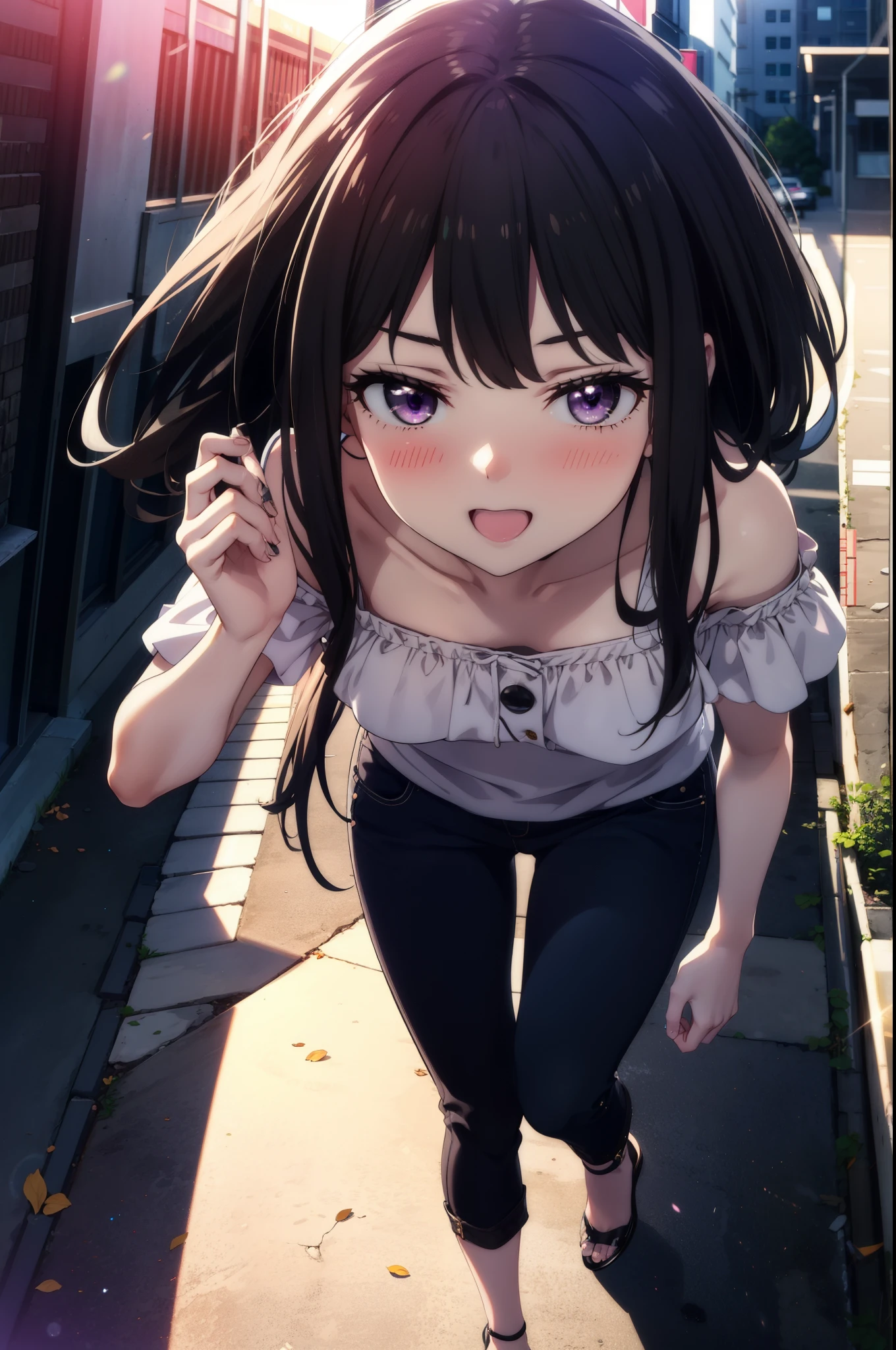 Takiuchi, Check it out, Long Hair, bangs, Black Hair, (Purple eyes:1.2),happy smile, smile, Open your mouth,
hair band,Cord off-shoulder top,Short sleeve,skinny pants,Stiletto heels,morning,morning陽,The sun is rising,Walking,whole bodyがイラストに入るように,Looking down from above,
break outdoors, In town,Building district,
break looking at viewer, whole body,
break (masterpiece:1.2), highest quality, High resolution, unity 8k wallpaper, (figure:0.8), (Beautiful fine details:1.6), Highly detailed face, Perfect lighting, Highly detailed CG, (Perfect hands, Perfect Anatomy),