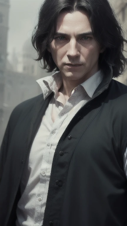 (Realistic:1.5), (Photorealistic:1.2), detailed, render, epic, diffuse lighting, dynamic pose, intricate, elegant, (dynamic background), highly detailed, elegant, sharp focus, photo by greg rutkowski, soft lighting, vibrant colors, IvoryGoldAI (battlefileds:1.2), severus snape