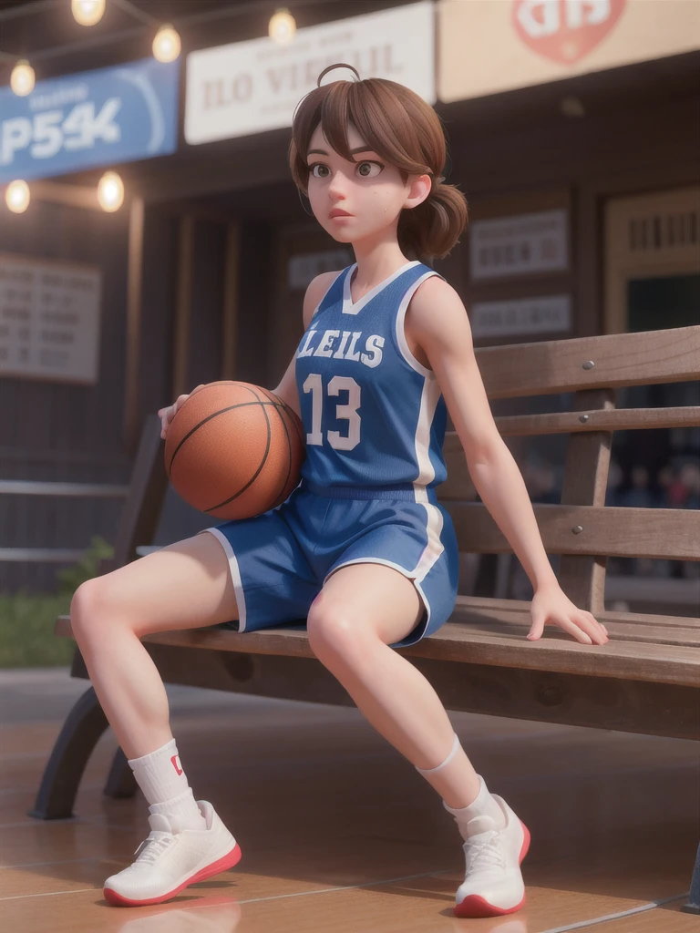 A women wearing a basketball uniform, sitting on a bench, detailed facial features, beautiful eyes, long eyelashes, realistic, photorealistic, 4k, high resolution, masterpiece, ultra-detailed, studio lighting, vivid colors, dramatic lighting, cinematic composition