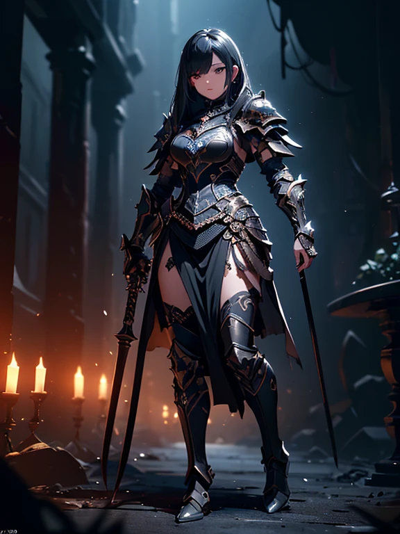 (((masterpiece, best quality, 8k)))A dark and cursed female game character,((perfect face)), wearing ornate black and gold armor, wielding a cursed blade, with dark vambraces and cursed boots, in a gloomy, atmospheric lighting,(((full body shot))), (best quality,4k,8k,highres,masterpiece:1.2),ultra-detailed,(realistic,photorealistic,photo-realistic:1.37),HDR,UHD,studio lighting,ultra-fine painting,sharp focus,physically-based rendering,extreme detail description,professional,vivid colors,bokeh,dark fantasy,concept art
