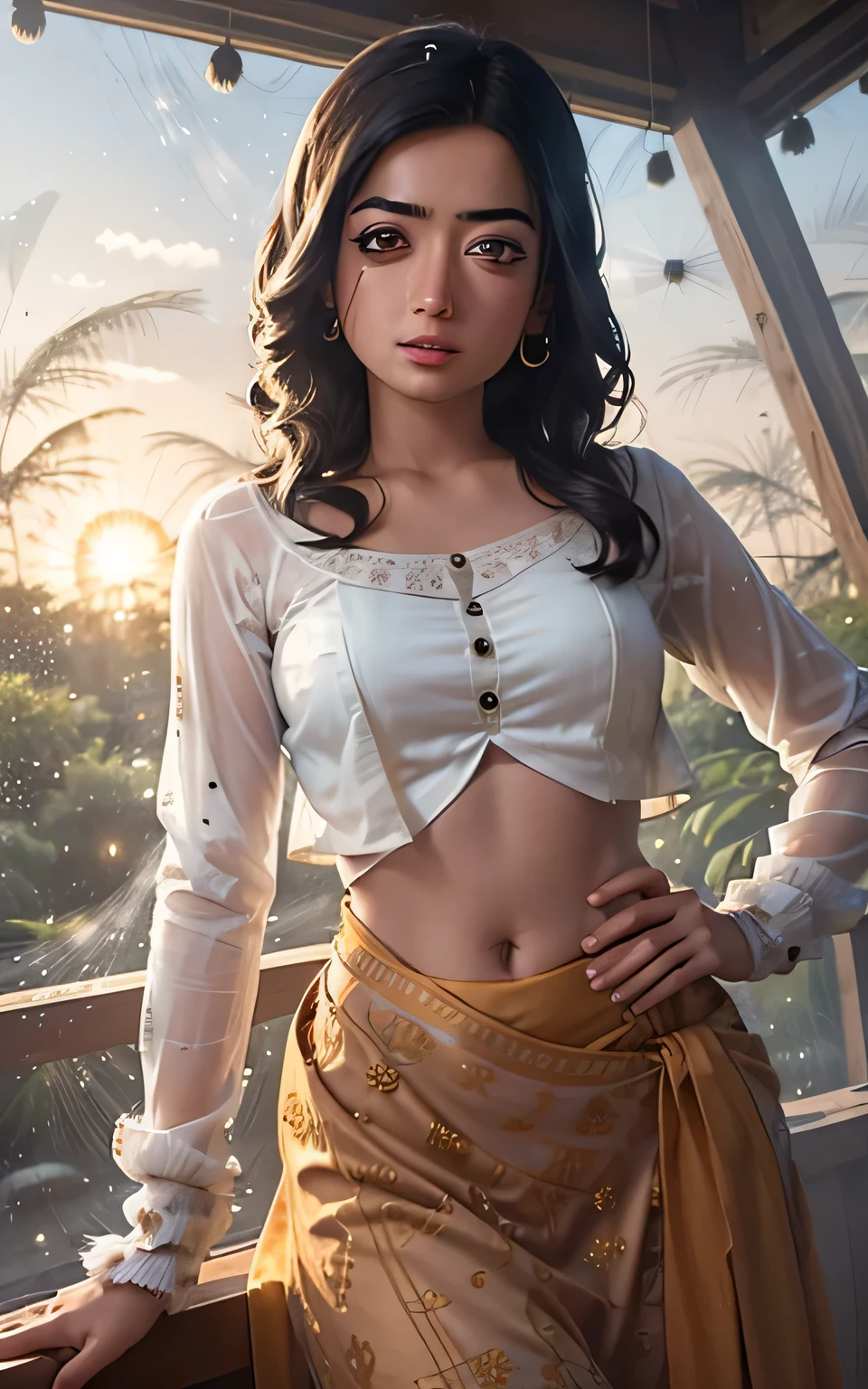 (Rashmika), (masutepiece), (Best Quality:1.4), best quality, modelshoot style, 1girl, face focus, (looking at viewer), (godrays, dust particles:1.4), sunrise, forest, from below, dark theme, style-swirlmagic , hd