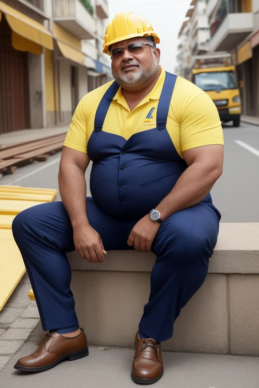 He wears a business uniform, suit, tie, dress pants, formal shoes, prescription glasses, ele fuma o seu charuto cubano, He is sitting with his legs open on construction materials, he only wears red or yellow swimming trunks he is sitting on iron beams, ele fuma Seu charuto, He wears a construction worker uniform, He is gesturing and talking to the viewer with his hands, muscular turkish construction worker, muito peludo, peitorais grandes e carnudos, regata, Generate an image of a middle-aged man facing the camera. He has a friendly and expressive appearance. His size is fat and overweight, sofre de obesidade e, Like many of us, he's a guy,has no hair and ]It possesses a variety of physical characteristics. He's wearing casual clothes, And his posture is confident. A imagem captura a personalidade e individualidade dele, ELE ESTA FELIZ, chains on the neck. muscular turkish construction worker, muito peludo, peitorais grandes e carnudos, regata.