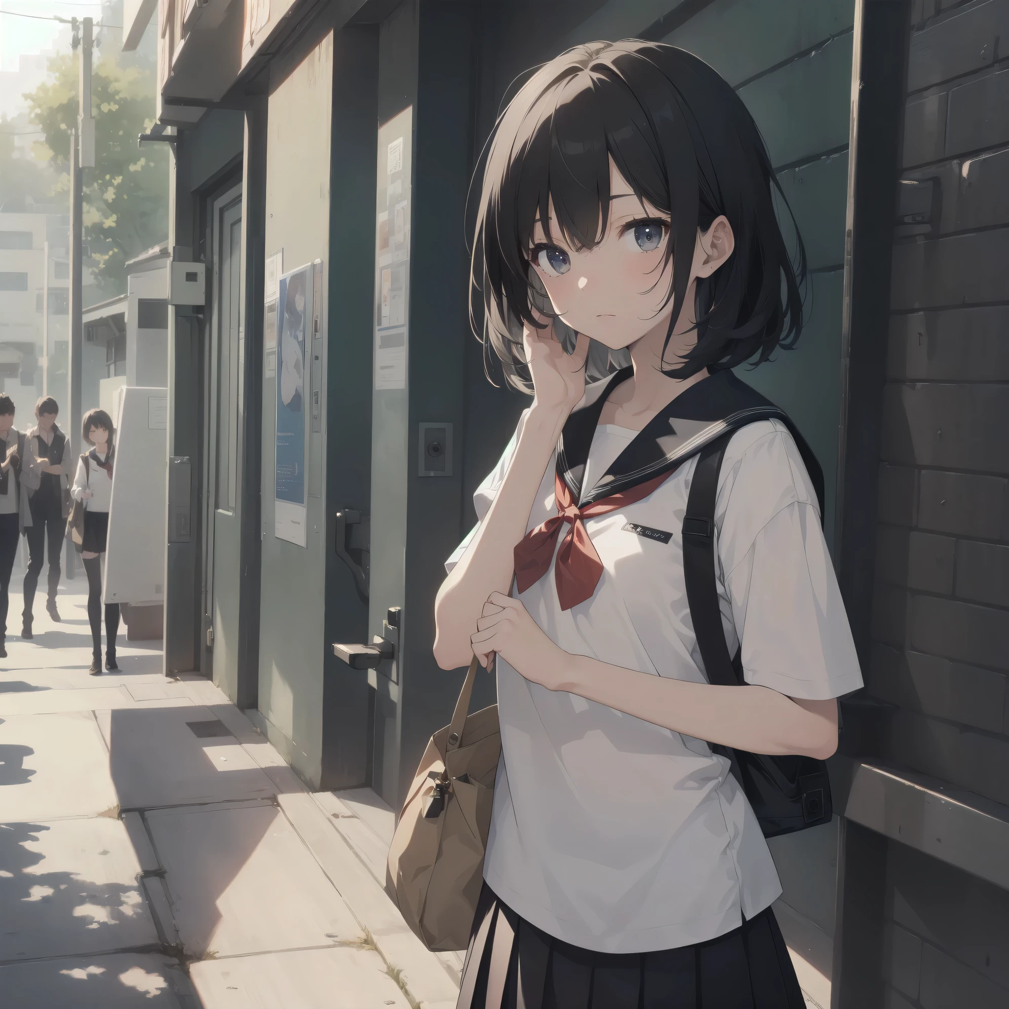 ultra-absurdres-Top quality by artist God, ultra-detailed, high resolution, anime moe artstyle, best anime 8k konachan wallpaper, pixiv contest winner, pool:2810, perfect anatomy,break, 1girl, (Please draw a girl walking sleepily to school alone. )break,(Solo,little female, 13-year-old:1.3),Full limbs, complete fingers,a junior high school student, (very short hair), short cut, flat chest, , small butt, small black eyes, beautiful detailed eyes, well-proportioned iris and pupils, expressive eyes, highres detailed hair, soft expression, salor school_uniform, sailor collar, serahuku, bow, pleated skirt,(Detailed Lighting), (Detailed background), in the School commute route. break,super detailed skin, Best cinematic lighting powered by famous artist, 8k,beauty illustration,photoshop_(medium),very aesthetic,break,((artist:sofra )), artist:clamp ,artist:carnelian ,artist:kantoku ,
