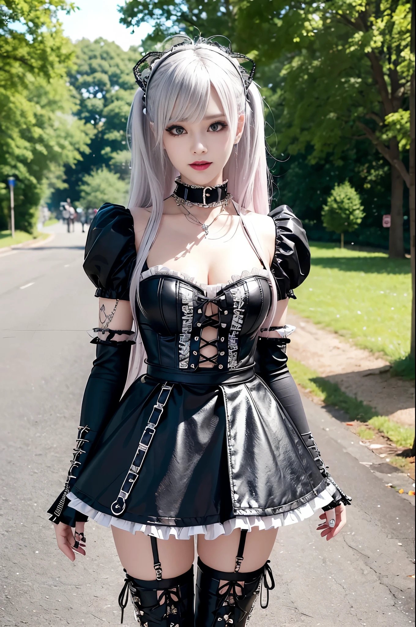 sexy stylish Swedish model, only 1 female, ((doll-like appearance)), long neon pink stylish hair, ((shiny Punk-Style boots)), (big smile), ultra detailed eyes, Punk makeup, lipgloss, ((sexy Punk ta cosplay)), unconventional skirt, petticoats, high neckline, ((ultra detailed lace)), ((ultra detailed embroidery)), intricate details, tartan patterns, (silver chains), (silver spikes), (safety pins), Punk Loliccessoires, Punk Lolita cr, ((large sparkling Punk Lolita jewel, cinematic light, detailed large park background with trees