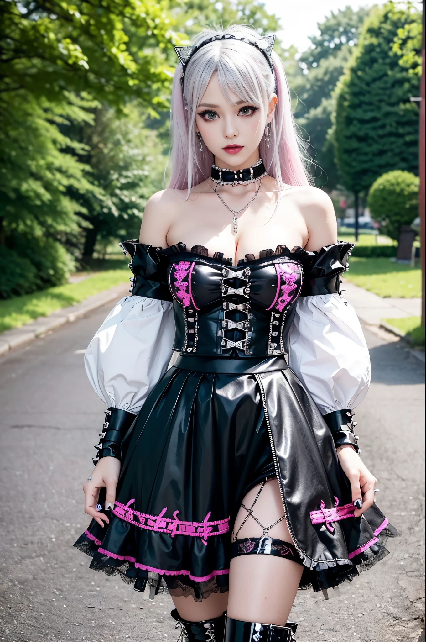 sexy stylish Swedish model, only 1 female, ((doll-like appearance)), long neon pink stylish hair, ((shiny Punk-Style boots)), (big smile), ultra detailed eyes, Punk makeup, lipgloss, ((sexy Punk Lolita cosplay)), unconventional skirt, petticoats, high neckline, ((ultra detailed lace)), ((ultra detailed embroidery)), intricate details, tartan patterns, (silver chains), (silver spikes), (safety pins), Punk Lolita accessoires, Punk Lolita choker, ((large sparkling Punk Lolita jewelry)), cinematic light, detailed large park background with trees 