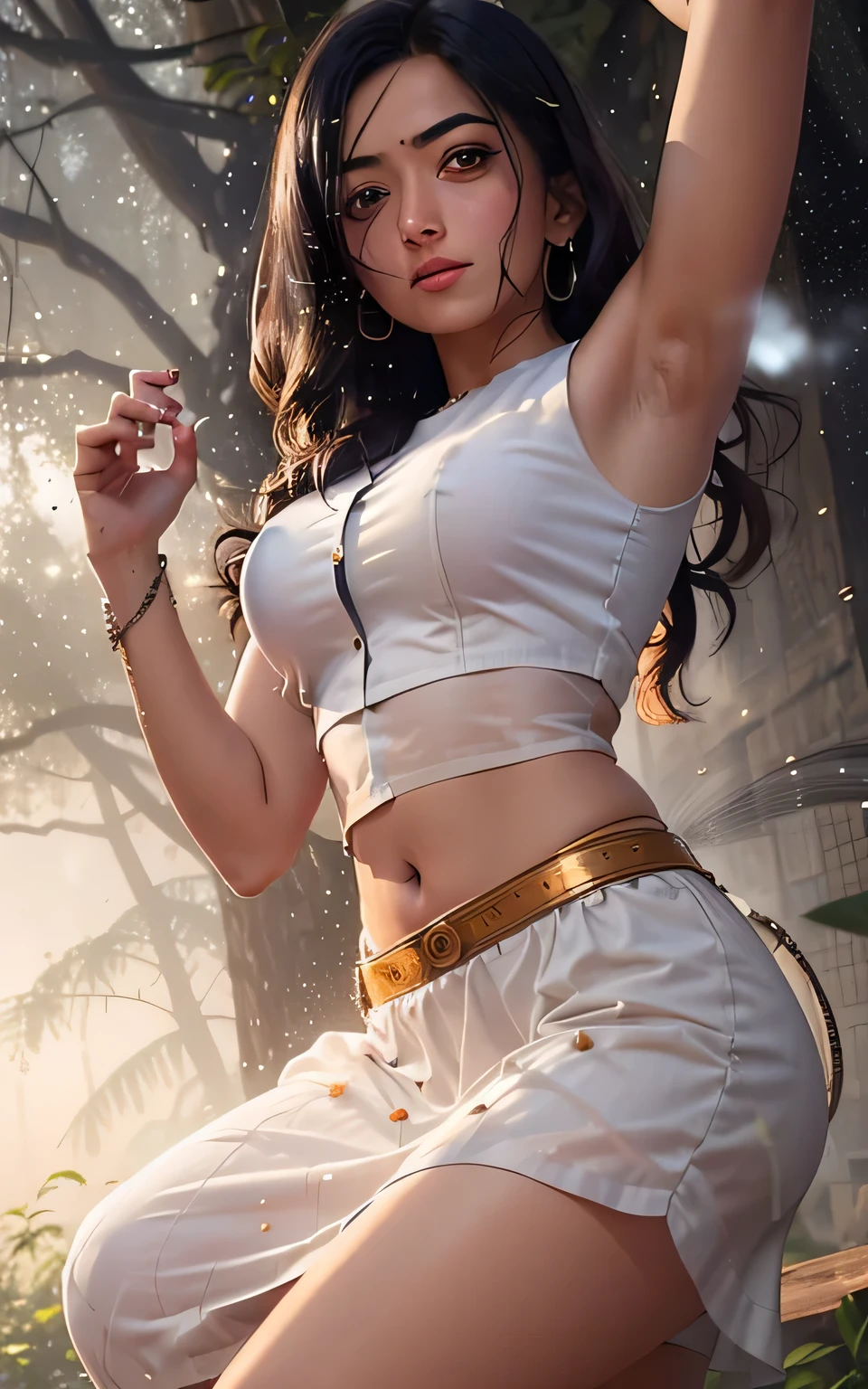 (Rashmika), (masutepiece), (Best Quality:1.4), best quality, modelshoot style, 1girl, face focus, (looking at viewer), (godrays, dust particles:1.4), sunrise, forest, from below, dark theme, style-swirlmagic , hd