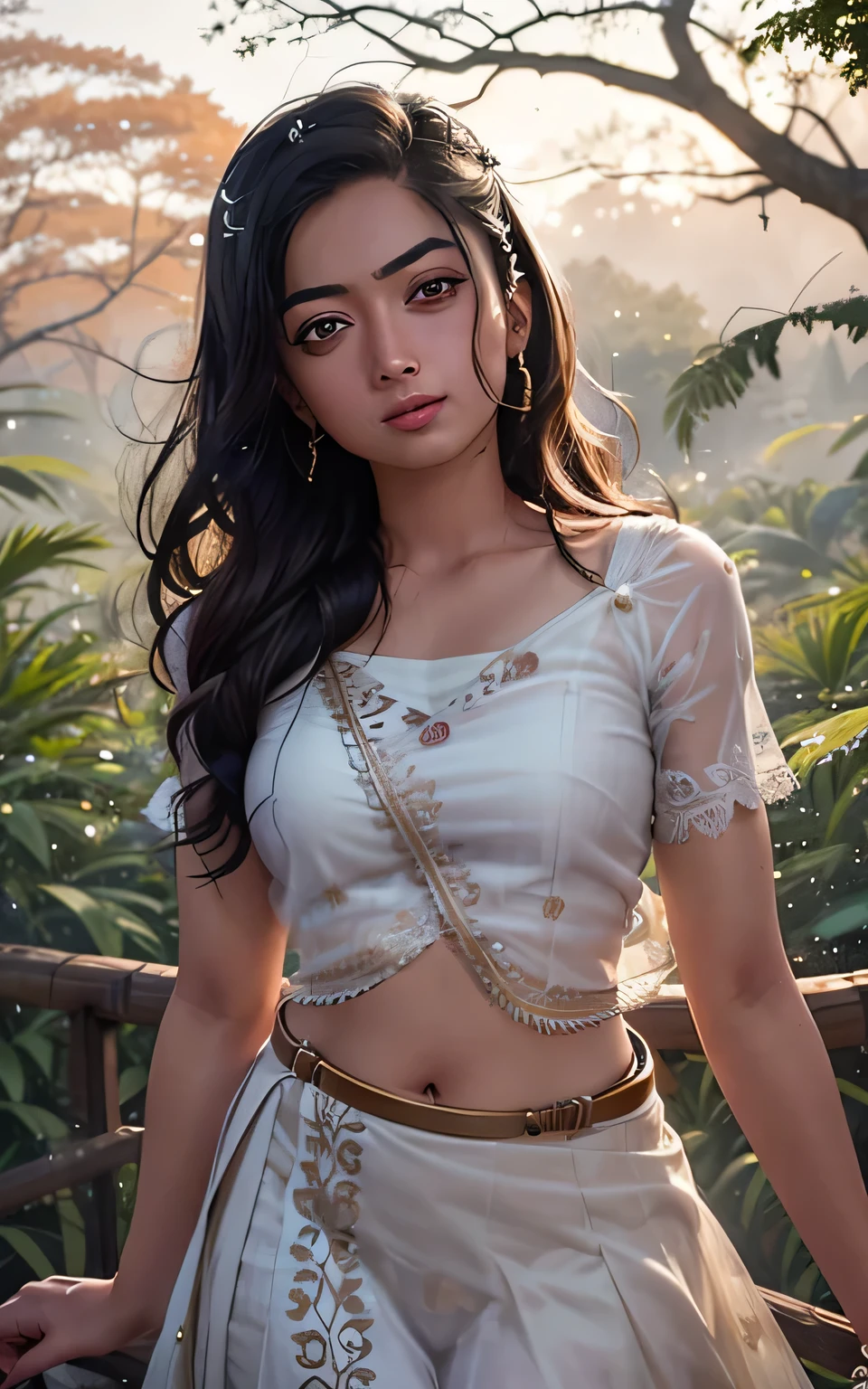 (Rashmika), (masutepiece), (Best Quality:1.4), best quality, modelshoot style, 1girl, face focus, (looking at viewer), (godrays, dust particles:1.4), sunrise, forest, from below, dark theme, style-swirlmagic , hd