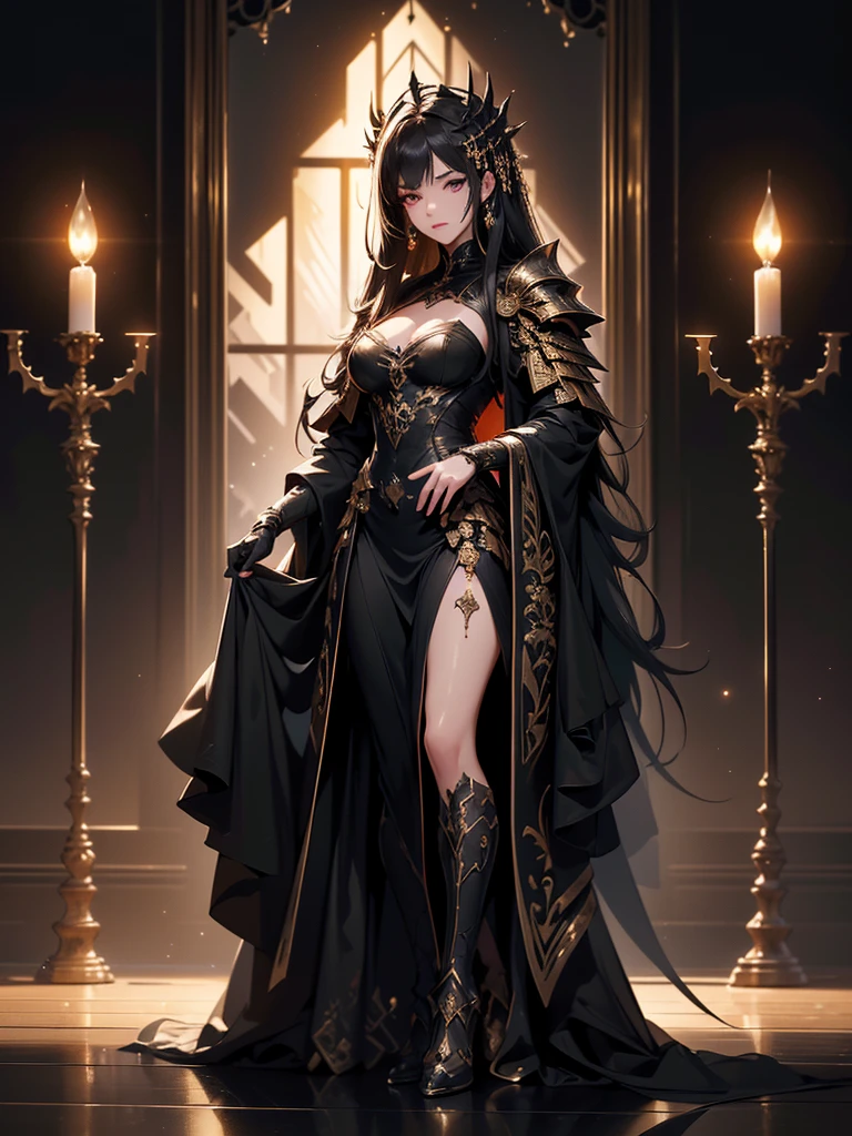 (((masterpiece, best quality, 8k)))A dark and cursed female game character,((perfect face)), wearing ornate black and gold armor, wielding a cursed blade, with dark vambraces and cursed boots, in a gloomy, atmospheric lighting,(((full body shot))), (best quality,4k,8k,highres,masterpiece:1.2),ultra-detailed,(realistic,photorealistic,photo-realistic:1.37),HDR,UHD,studio lighting,ultra-fine painting,sharp focus,physically-based rendering,extreme detail description,professional,vivid colors,bokeh,dark fantasy,concept art