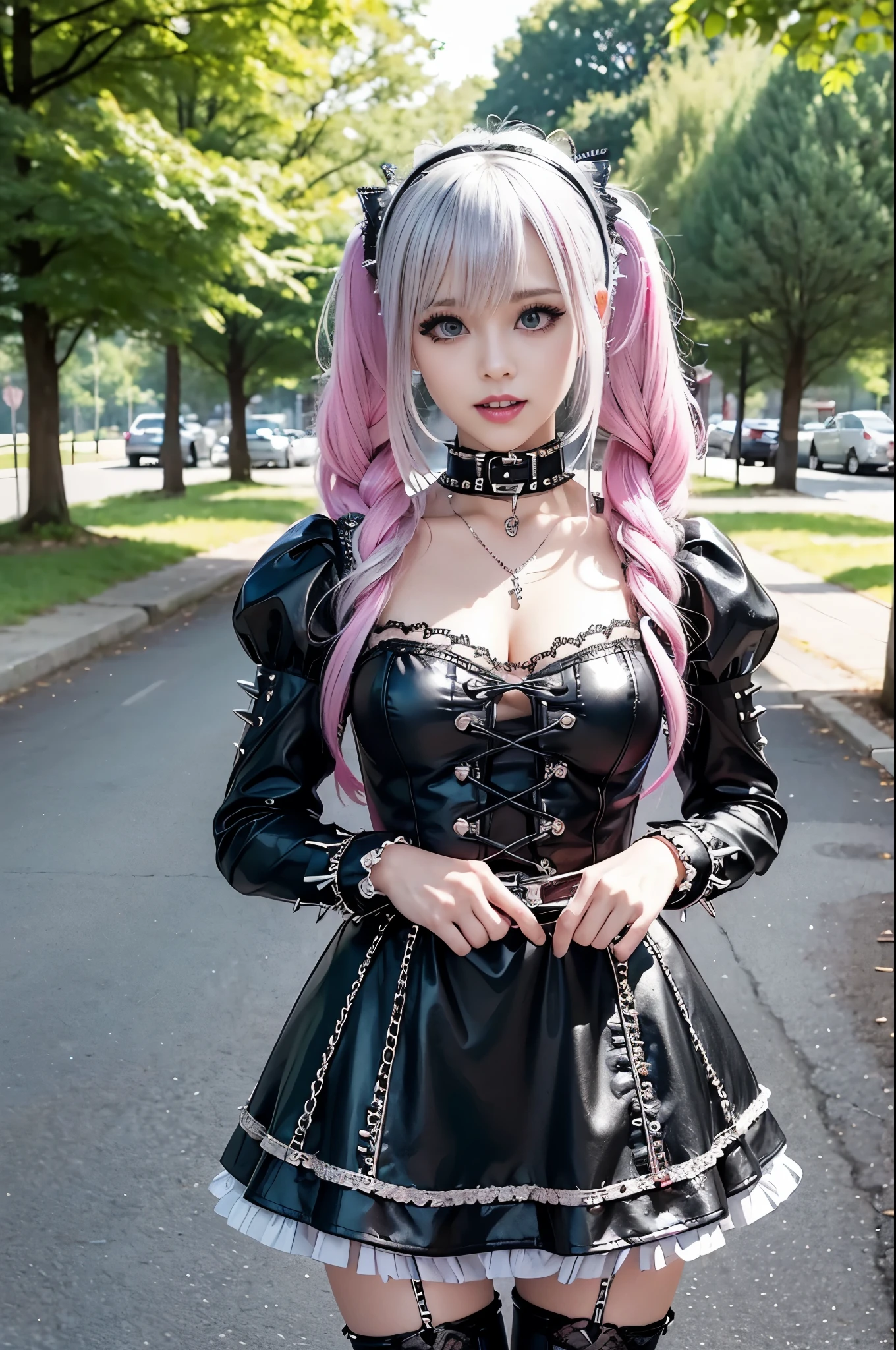 sexy stylish Swedish model, only 1 female, ((doll-like appearance)), long neon pink stylish hair, ((shiny Punk-Style boots)), (big smile), ultra detailed eyes, Punk makeup, lipgloss, ((sexy Punk Lolita cosplay)), unconventional skirt, petticoats, high neckline, ((ultra detailed lace)), ((ultra detailed embroidery)), intricate details, tartan patterns, (silver chains), (silver spikes), (safety pins), Punk Lolita accessoires, Punk Lolita choker, ((large sparkling Punk Lolita jewelry)), cinematic light, detailed large park background with trees 