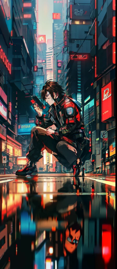 (1boy, toriyama akira), ((brown hair, medium hair, black eyes, detailed eyes) average outfit, ultra-detailed, (cyberpunk city, ultra-detailed), 4k, reflection, neon light signs, full body, waking up, passed out on the road.