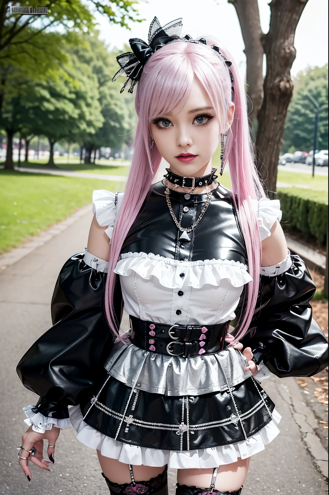 sexy stylish Swedish model, only 1 female, ((doll-like appearance)), long neon pink stylish hair, ((shiny Punk-Style boots)), (big smile), ultra detailed eyes, Punk makeup, lipgloss, ((sexy Punk ta cosplay)), unconventional skirt, petticoats, high neckline, ((ultra detailed lace)), ((ultra detailed embroidery)), intricate details, tartan patterns, (silver chains), (silver spikes), (safety pins), Punk Loliccessoires, Punk Lolita cr, ((large sparkling Punk Lolita jewel, cinematic light, detailed large park background with trees