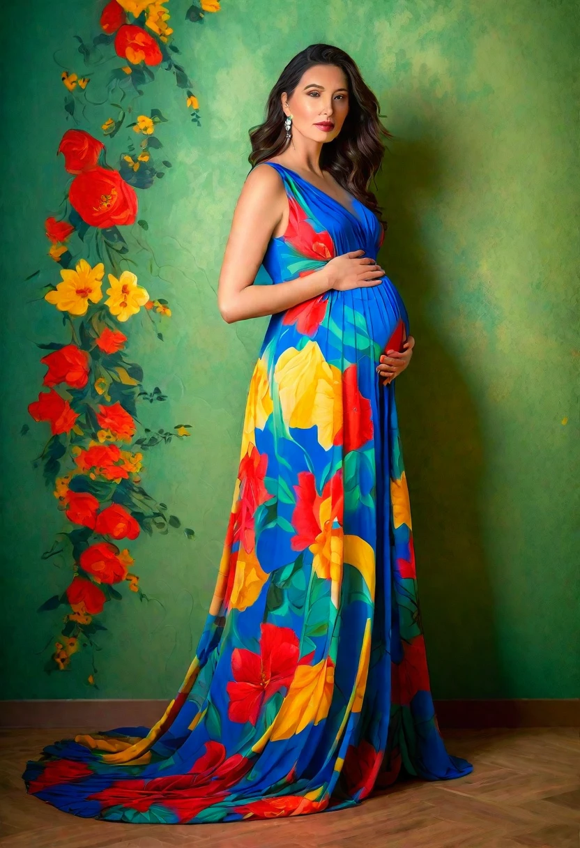 pregnant woman in blue dress with flower pattern standing in front of floral red wall, maternal photography 4 k, floral yellow painted backdrop, floral art novuea green dress, lady with glowing flowers dress, full body portrait painting, wearing a long flowery dress, flowing gown, wearing floral chiton, full body portrait shot, colorful backdrop, full body portrait, long luxurious flowing gown, beautiful gown