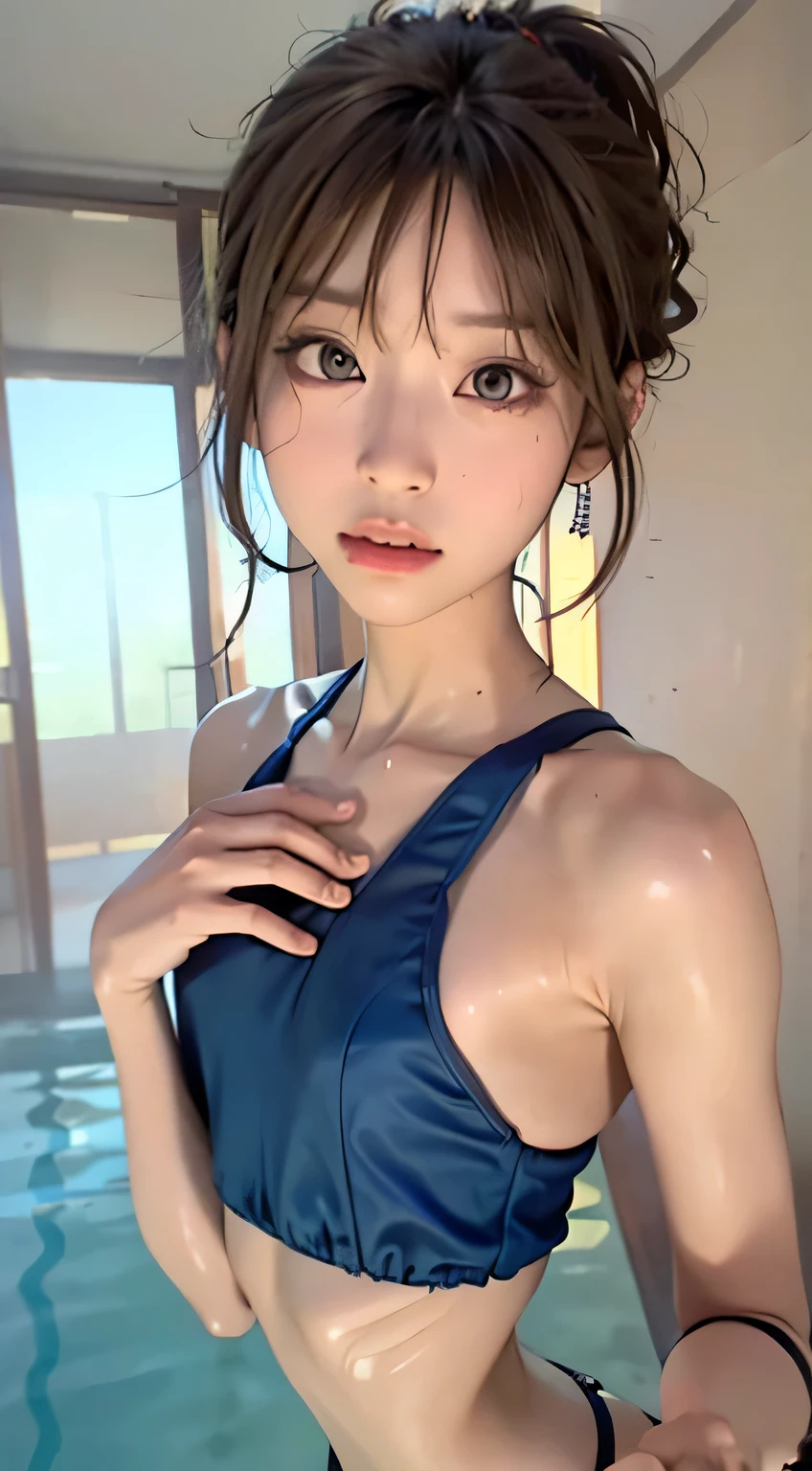 highest quality, RAW Photos, Realistic, face, Incredibly beautiful girl, cute, length Hair,ponytail，Glasses，Written boundary depth, High resolution, Super detailed, detailed, Very detaileded, extremely detaileded eye and face, Sharp pupils, Realistic students, Sharp focus, Cinema Lighting, Japanese, Short Woman,  Physical build, Short arms, length, Narrow eyes, Fleeting atmosphere, 30 years old, Brown bob hair, ((thin lips)), White top and bottom underwear, masterpiece, highest quality, Detailed skin, Detailed face, fine grain, 8k, Excellent anatomy, Upper body portrait，flat breasts, small breasts, small,( small bust: 1.2), small bust, (slim, small, flat, small), thin, Delicate and sexy collarbone, One Girl, (beautiful girl, Delicate girl:1.3), ( years old:1.3),
break, (One Piece Swimwear, Swimwear:1.2),
break, (Pool:1.3),
break, Very beautiful eyes, (Symmetrical eyes:1.3),
break, , Brown eyes, Parted bangs, Brown Hair, (Upper teeth, The best smile:0.2),
break, (Eyes and face detail:1.0),
break, (masterpiece, highest quality, Super detailed, Detailed face, 8k)