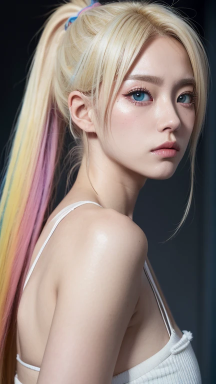 tsundere, colored inner hair, short ponytail, mismatched pupils, furrowed brow, longeyelashes, blonde hair, Surrealism, dutch angle, anatomically correct, textured skin, super detail, highres