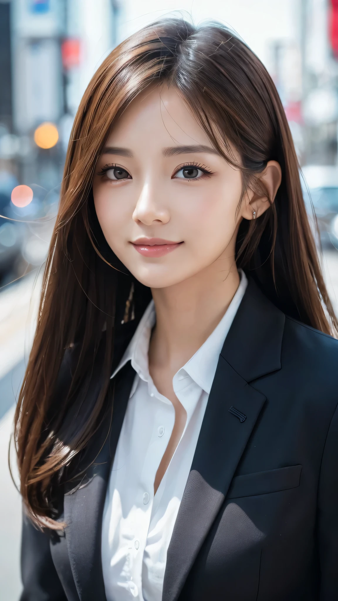 table top、highest quality、genuine、Super detailed、finely、High resolution、8k wallpaper、one beautiful woman、、、light brown disheveled hair、wearing a business suit、sharp focus、perfect dynamic composition、beautiful and detailed eyes、thin hair、Detailed genuine skin texture、smile、model body shape、In Tokyo at morning、Brush your hair up with your fingers.