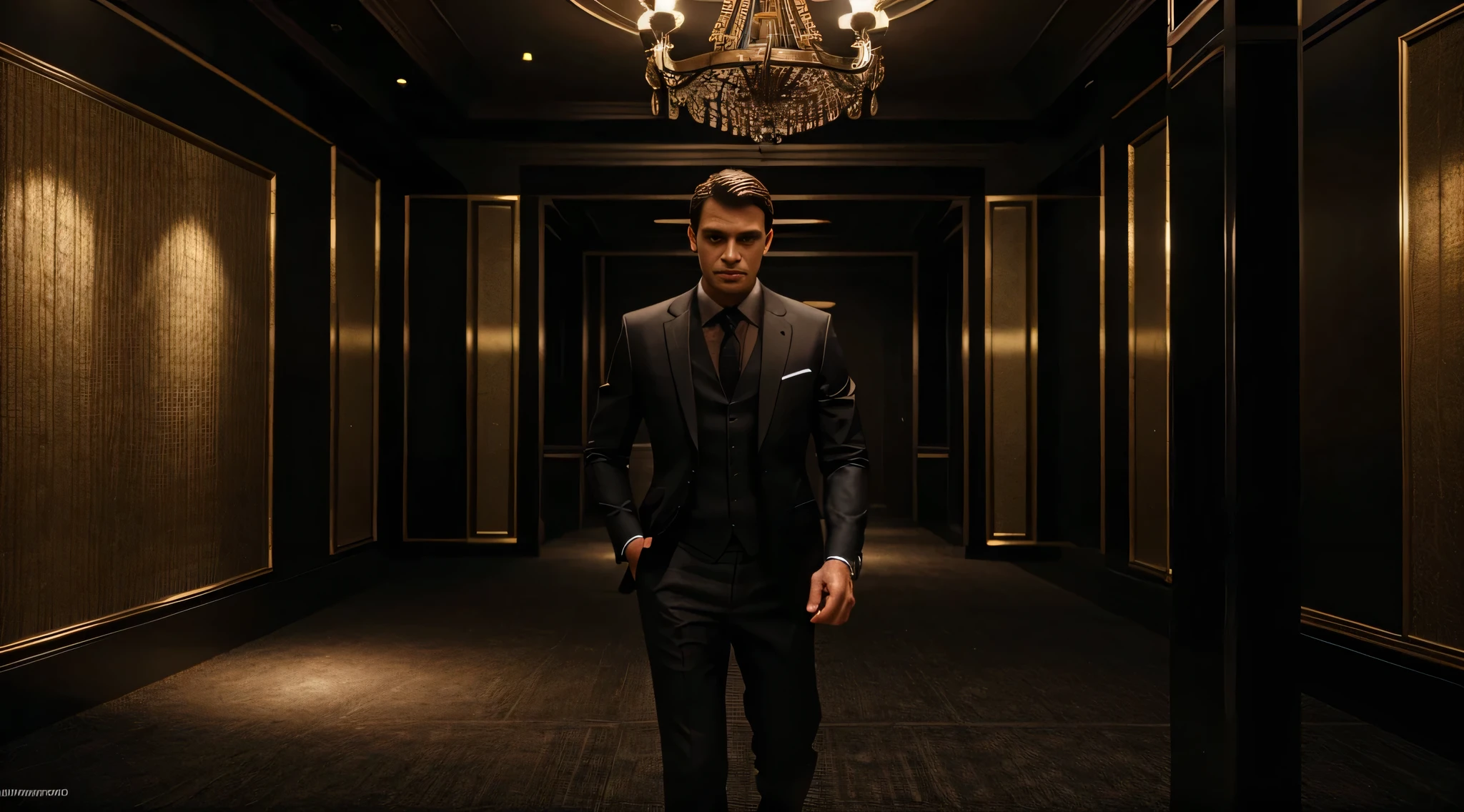 a man wearing a black suit in a room full of money, ultra realistic image, high level of detail, 8k, hyper realism, vivid and intense colors.