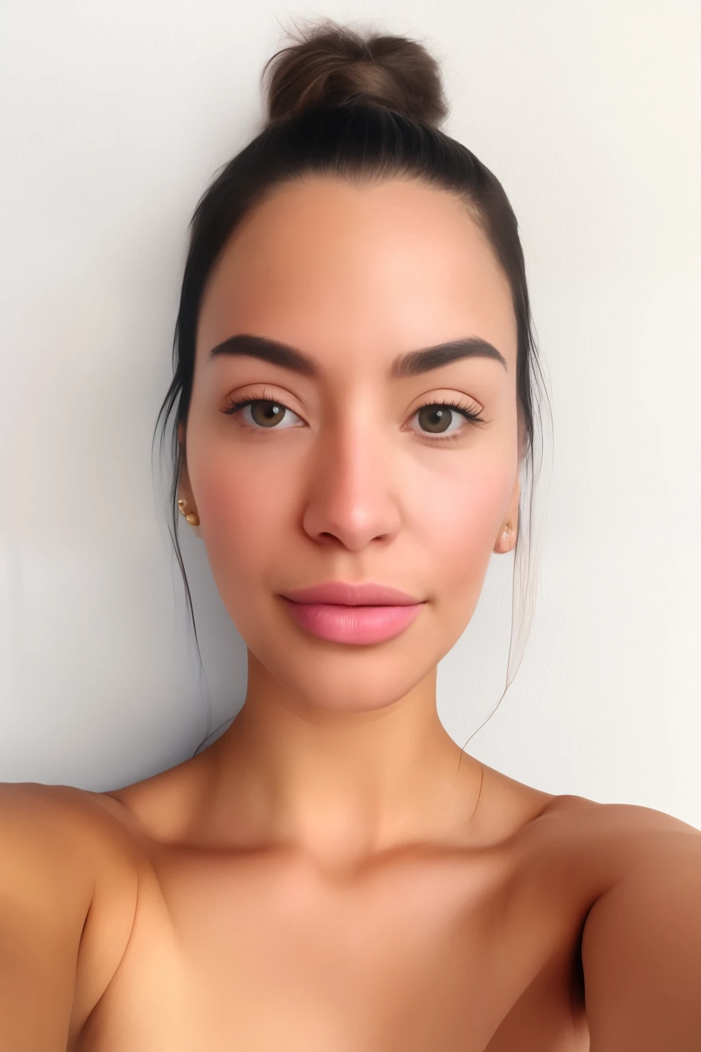selfie instagram , une femme magnifique de 23 ans , slight smile , detailed face and eyes , natural lighting , At home , cheveux longs, aux seins nus , Grains de films, faible contraste, visage naturel , taches de rousseur , Cheveux noirs , yeux bleus, cernes sous les yeux