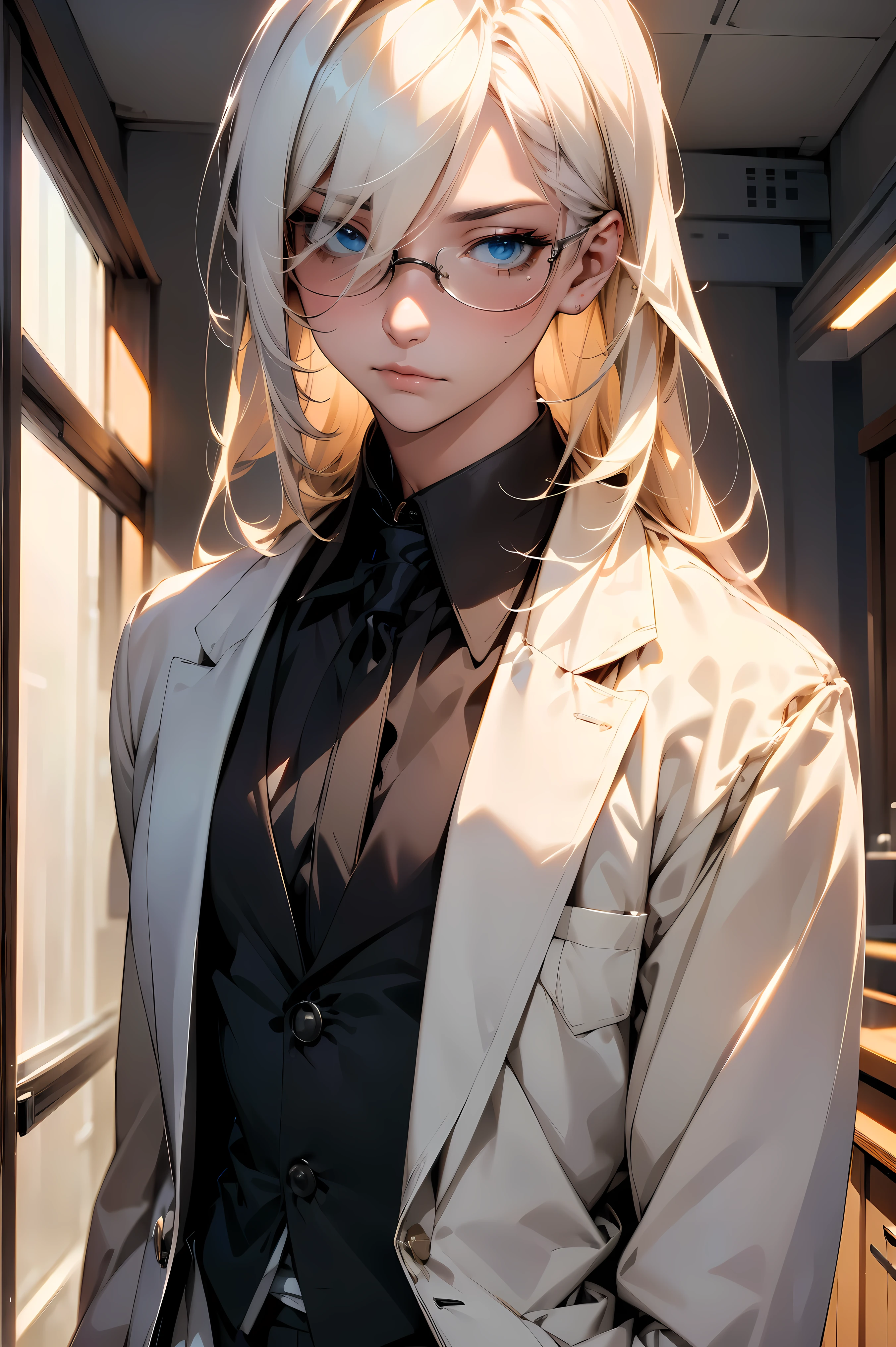 Long white hair, adult male character, white eyelashes, bishonen, lab coat, scientist, dandere, serious, androgynous beauty, pale skin, rectangular glasses, beautiful eyes sharp eyes, sharp features, best quality, pixiv art, character design, beautiful hair, soft and warm ambience, office background, celshaded