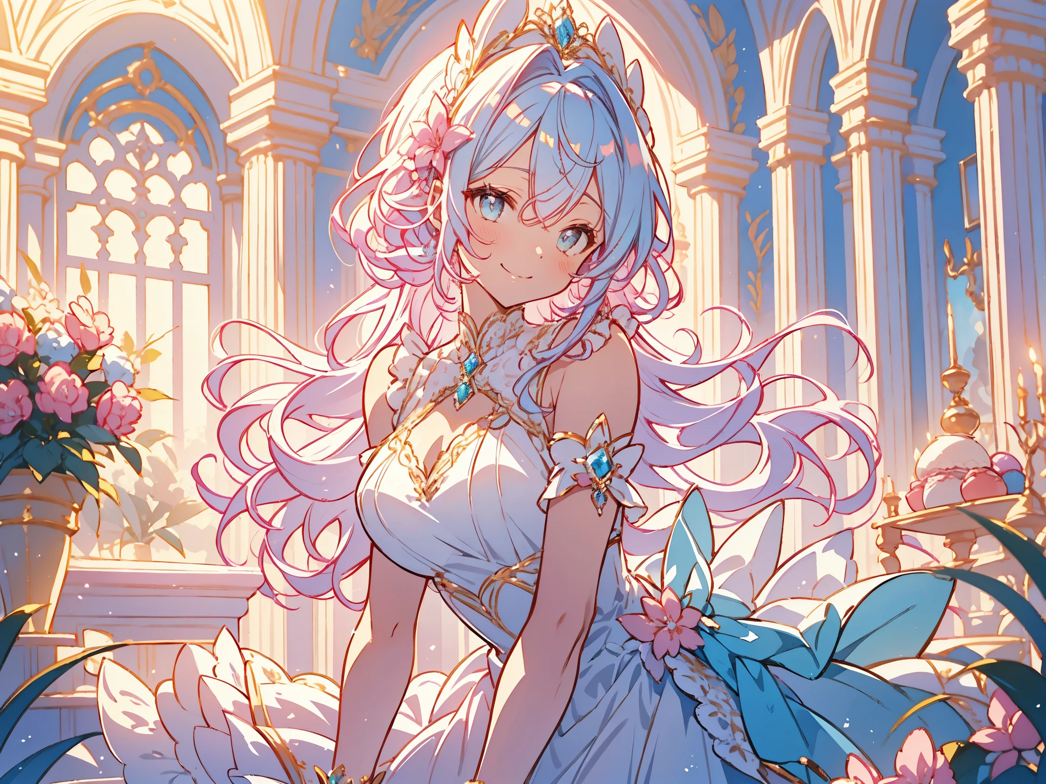 ((Exquisite, beautiful, Very detailed, masterpiece, High quality, Confused, High resolution, Full HD, 16k)),(Happy), fun, (smile, Laughter), (pink ball gown dress:1.5,Macaron motif dress:1.5,Decorated with lace, Frills and jewels:1.1,),(Golden Hair)(Short Bob:1.5),(Blue eyes, Big eyes, Fair skin), slim, Soft Edge, Soft lines, Saturated colors, Bright colors, pastel colour, Warm lighting, Soft lighting, Fantasy, Romantic atmosphere, Dreamy atmosphere,