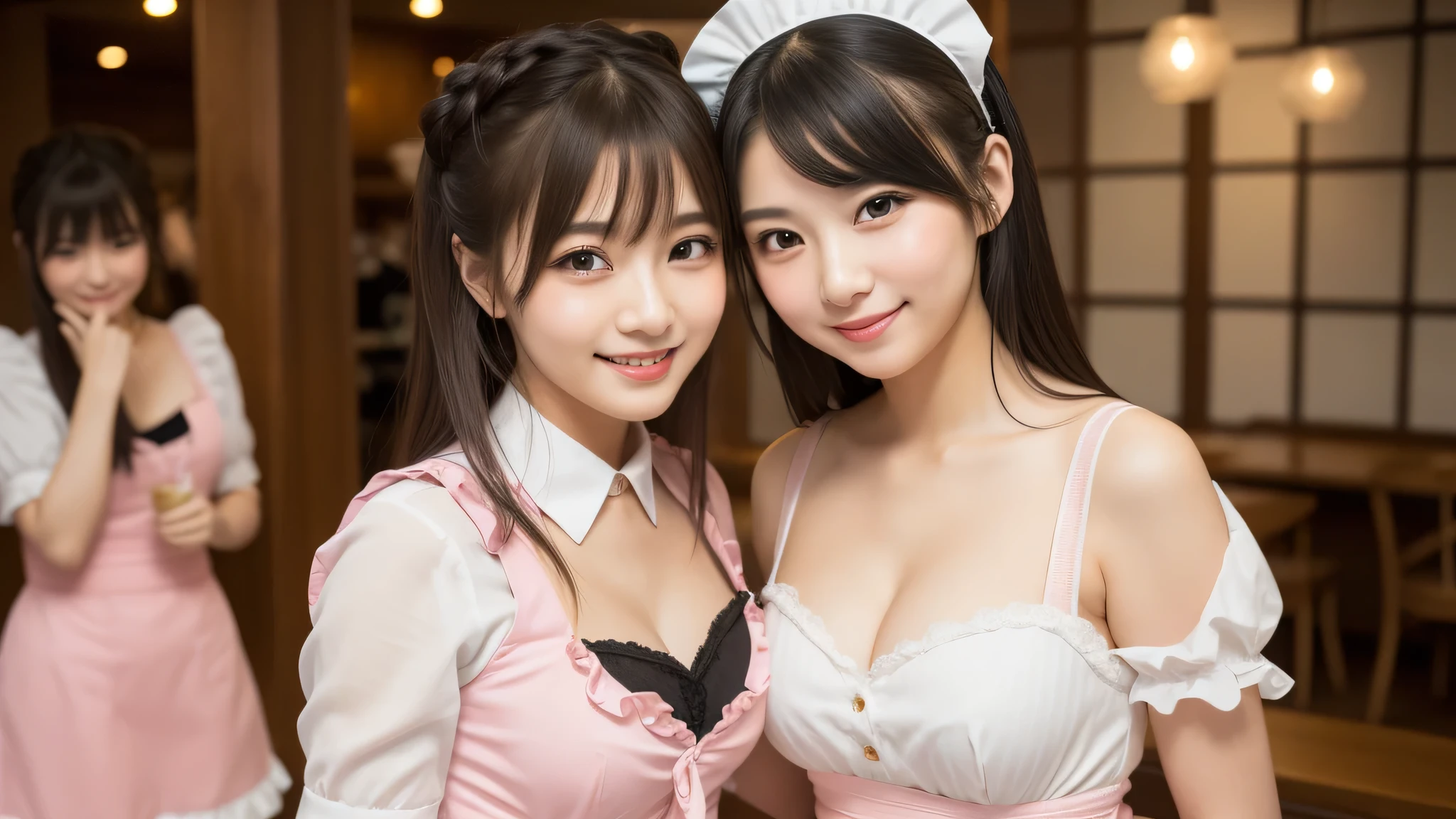 kawaii face, (2girl), (cute smile:1.2), (maid cafe pink costume, costume with frills, mini skirt), cleavage, (best Quality:1.4), (hyper-realistic, hight resolution), Professional Photography, standing, Indoor, (maid cafe), Close up portrait of girl, staring at me, (Fine face:1.2),