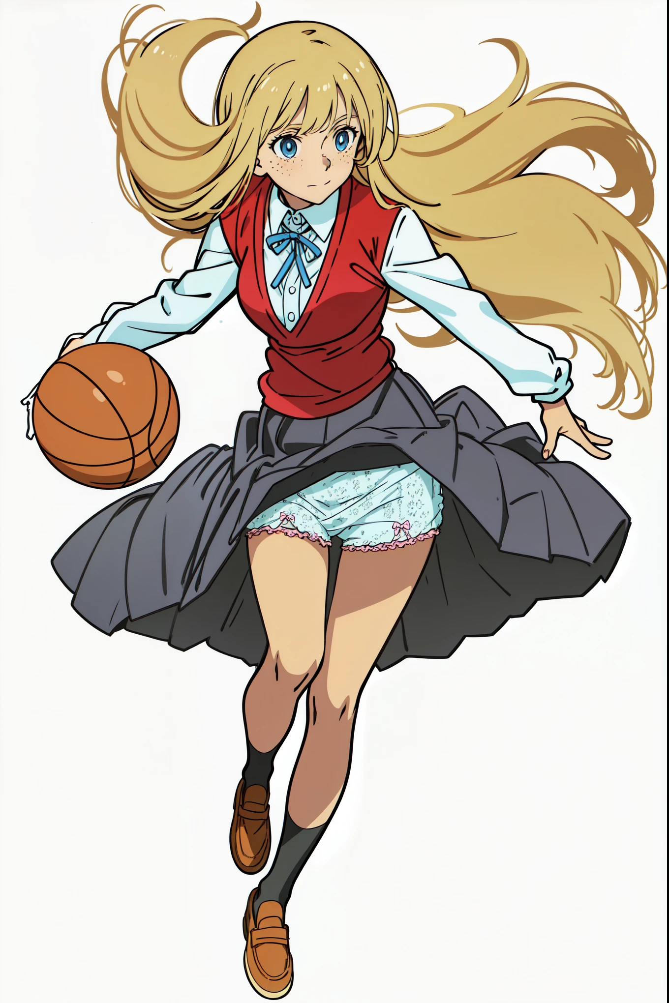 (best quality:1.0), (masterpiece:1.0), (super fine illustration:1.0), (beautiful artwork:1.0), (anime screencap:1.0), (official art:1.0), (tareme:1.5), (playing basketball:1.0), (detailed white cotton frilled panties:1.0), (best quality:1.0), (masterpiece:1.0), (super fine illustration:1.0), (beautiful artwork:1.0), (anime screencap:1.0), (official art:1.0), (european:1.0), (cheerful:1.0), (white background:1.0), (best quality:1.0), (masterpiece:1.0), (super fine illustration:1.0), (beautiful artwork:1.0), (anime screencap:1.0), (official art:1.0), (solo:1.0), (european:1.0), (a 18yo cute girl:1.0), (long skirt:1.0), (black skirt:1.0), (pleated skirt:1.0), (red knit vest:1.0), (white long sleeve collared shirt:1.0), (blue neck ribbon:1.0), (loafers:1.0), (black socks:1.0), (ideal ratio body proportions:1.0), (lanky:1.0), (tall:1.0), (slender:1.0), (small breasts:1.0), (smaller face:1.0), (tareme:1.0), (freckles:1.0), (detailed beautiful eyes:1.0), (detailed beautiful face:1.0), (glowing blue eyes:1.0), (long hair:1.0), (swept bangs:1.0), (blonde hair:1.0), (standing:1.0), (looking at viewer:1.0)