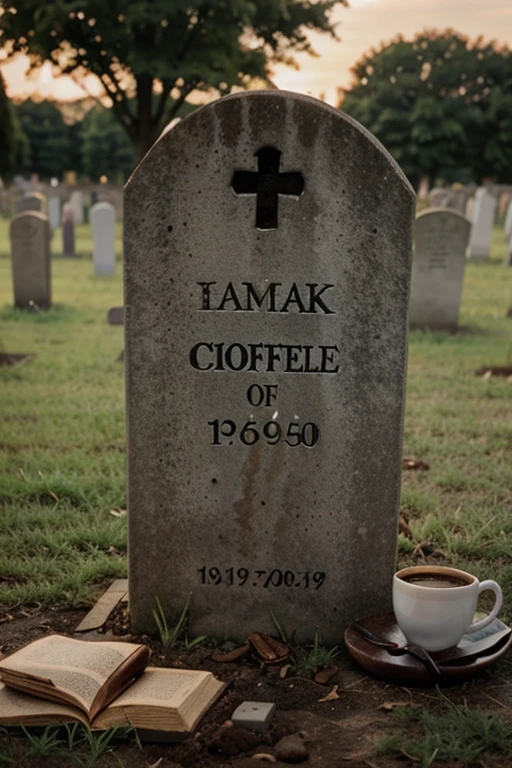 A gravestone in the ground A cup of coffee