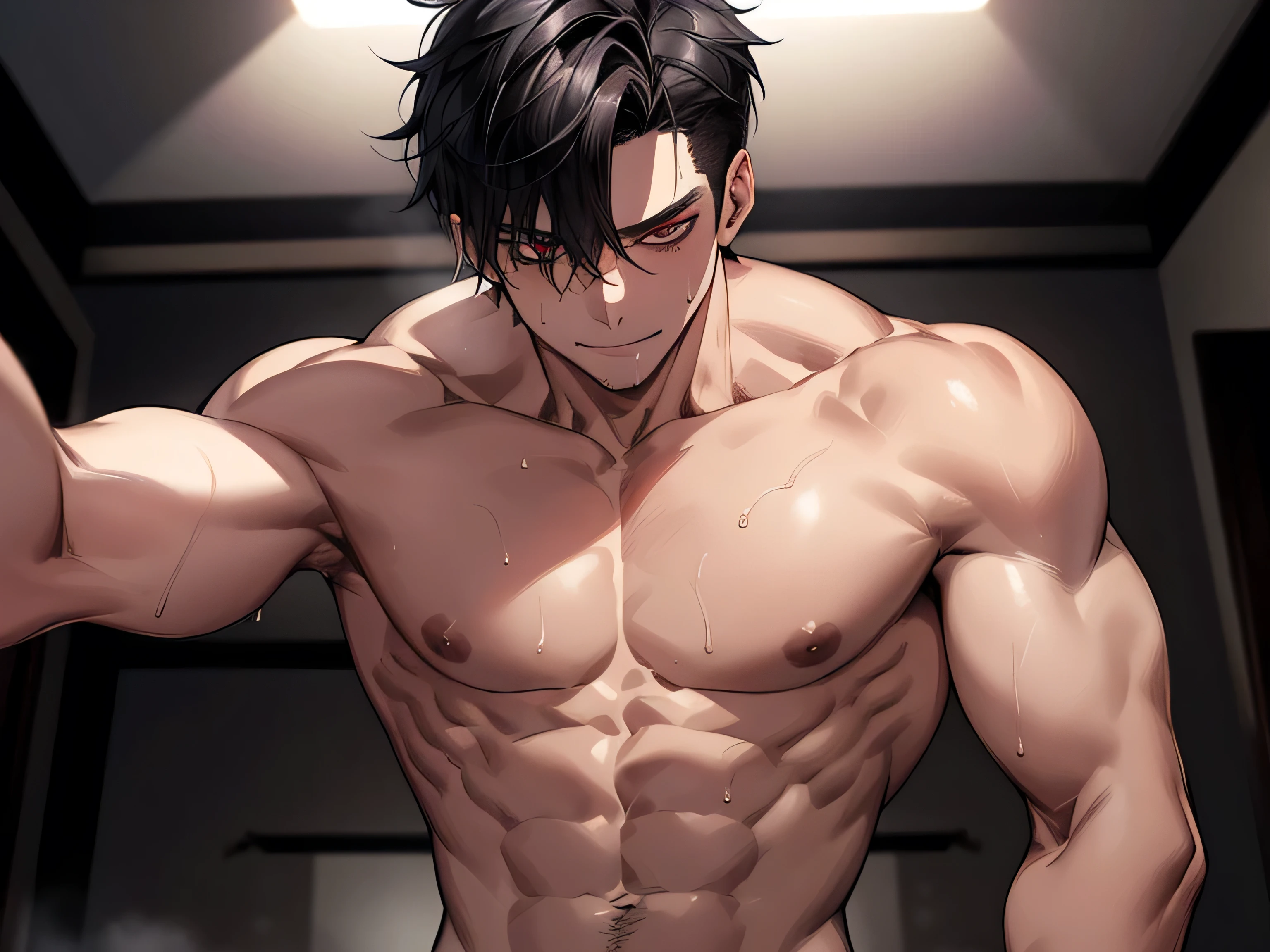 Angle from below,male, 30 years old,male1 person、,Adult,A sadistic atmosphere,Black Hair,Sharp Eye,Lewd Eyes,Take off your shirt,Face close-up,sweating,,smile,Background: dark sex room, intimate lighting, imminent sex, muscular, athletic build, bara, shirtless, lewd, horny look, pectorals showing, abs showing, sleeveless, no tie, one arm reaching to viewer, dark lighting, black thong, very sweaty, bdsm, naked, wet body, strong muscular back, strong muscular chest, red iris eyes
