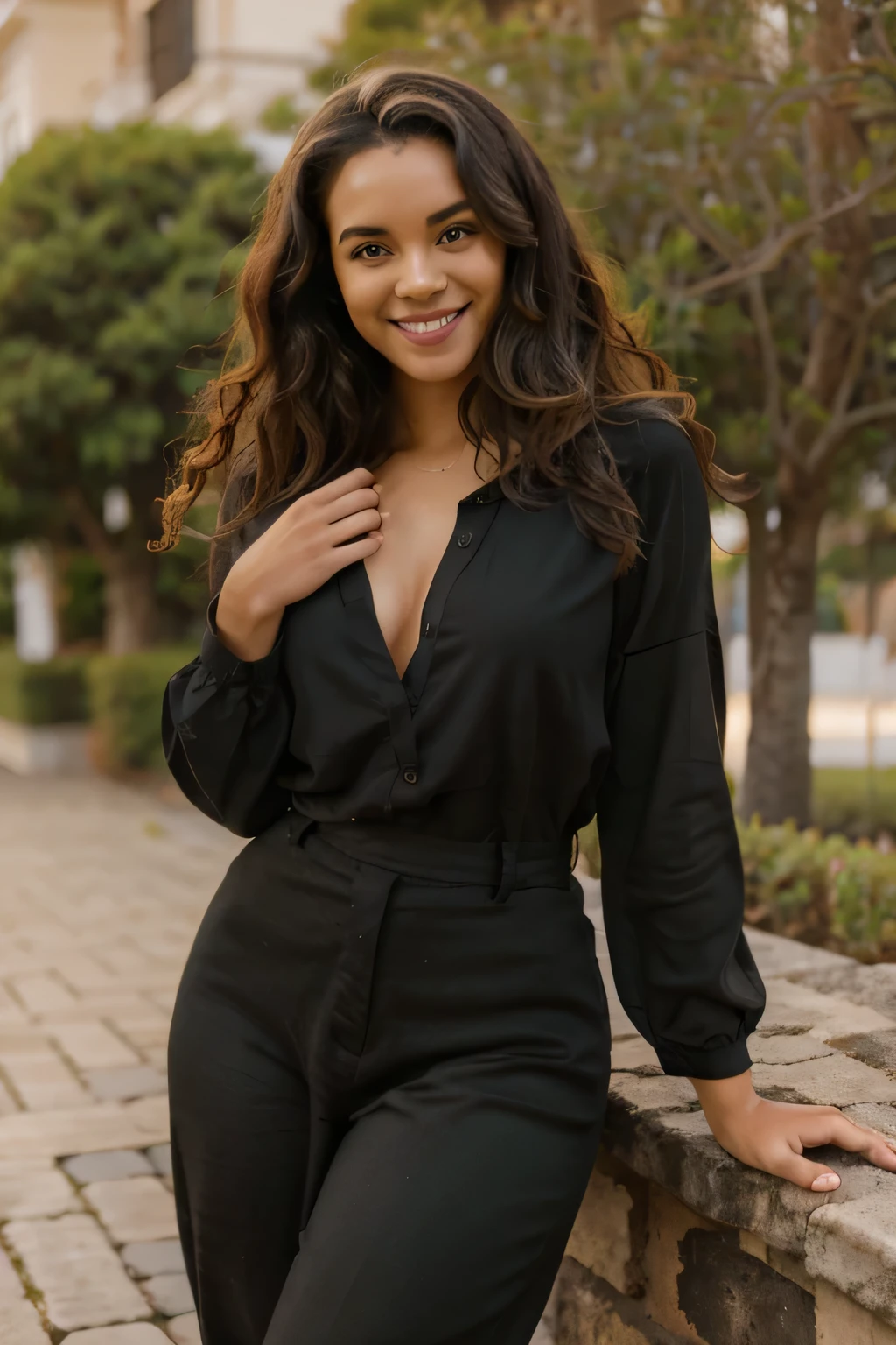 beautiful young black woman, curly hair, black hair, green eyes, black clothes, smiling, beautiful place, happy moment, stylish pose, elegant clothes, Latin, beautiful