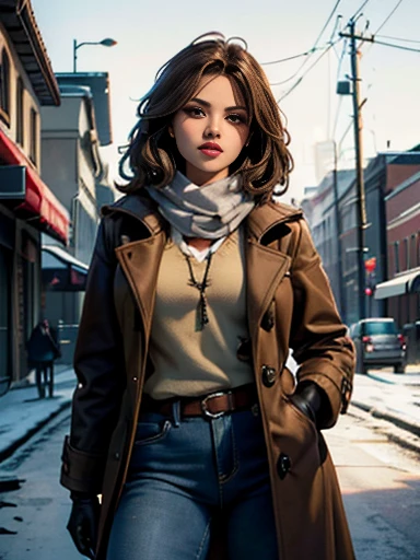 Jenna Louise Coleman、(masterpiece:1.0)、(highest quality:1.2)、(Dark Shot:1.3)、Classic Rogue、1991 Rogue X-Men、1 girl、Only one person、Head to Toe、standing on street corner、Elegant pose、(clothing: Brown winter coat、Brown hood、Down lining、White scarf、gloves、jeans) Medium Hair、Brown Hair、Wavy Hair、1 grey hair、Green Eyeischievous look、Grin、Spread your lips、Red lipstick、Heavy makeup、Confident expression、Backlight、(realism: 1.5)、(realism: 1.4)、(Messy: 1.4)、8k、Very detailed、Detailed beautiful woman、(background: midnight、It's snowing、Downtown New York、Snowy Night)、Official Art、Very detailedな CG Unity 8k 壁紙、Perfect lighting、colorful、超High resolution、photograph、8k、High resolution、Kodak Portrait 400、Film Grain、ぼやけたbackground、(Bokeh:1.2)、(Bright colors:1.2)、Film Grain:1.2、(warm color、warm colorトーン:1.2)、(カラーphotograph)、プロのphotograph