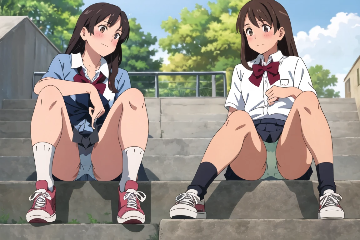 highest quality, Ultra-high resolution, (Realistic: )2D official style cel animation,((Girls sitting side by side3people))high school girl、brown、Gal、bad、Yankee、Navy blue mini skirt,Summer Shirts,Unbutton、(Lace panties),loose socks,sneakers,Full body portrait,(From below),Station stairs,sunny,Spread your legs、from the front、blush、shut up、
