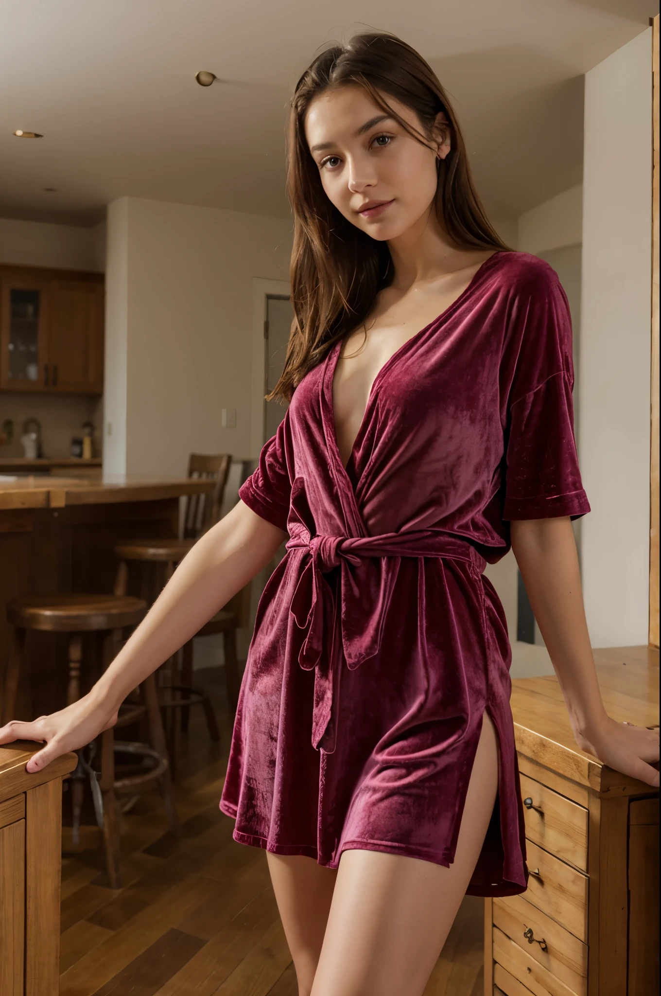 Une belle fille choisit une élégante robe en velours à épaules dénudées et fendue jusqu&#39;aux cuisses. A faux fur stole adds a touch of glamor. Ambiant: Le dîner-croisière est illuminé par de douces bougies, et les invités dégustent une cuisine gastronomique tout en naviguant sur les eaux hivernales. Le bruit des vagues douces et un cadre romantique. Elle a des cheveux bruns soyeux, gros yeux marrons, beau visage, peau du visage brillante, sans impression, very beautiful Instagram model, realistic image. composition dynamique, mouvement, ultra-detailed, incredibly detailed, beaucoup de détails, détails et coups de pinceau étonnants, lisse.