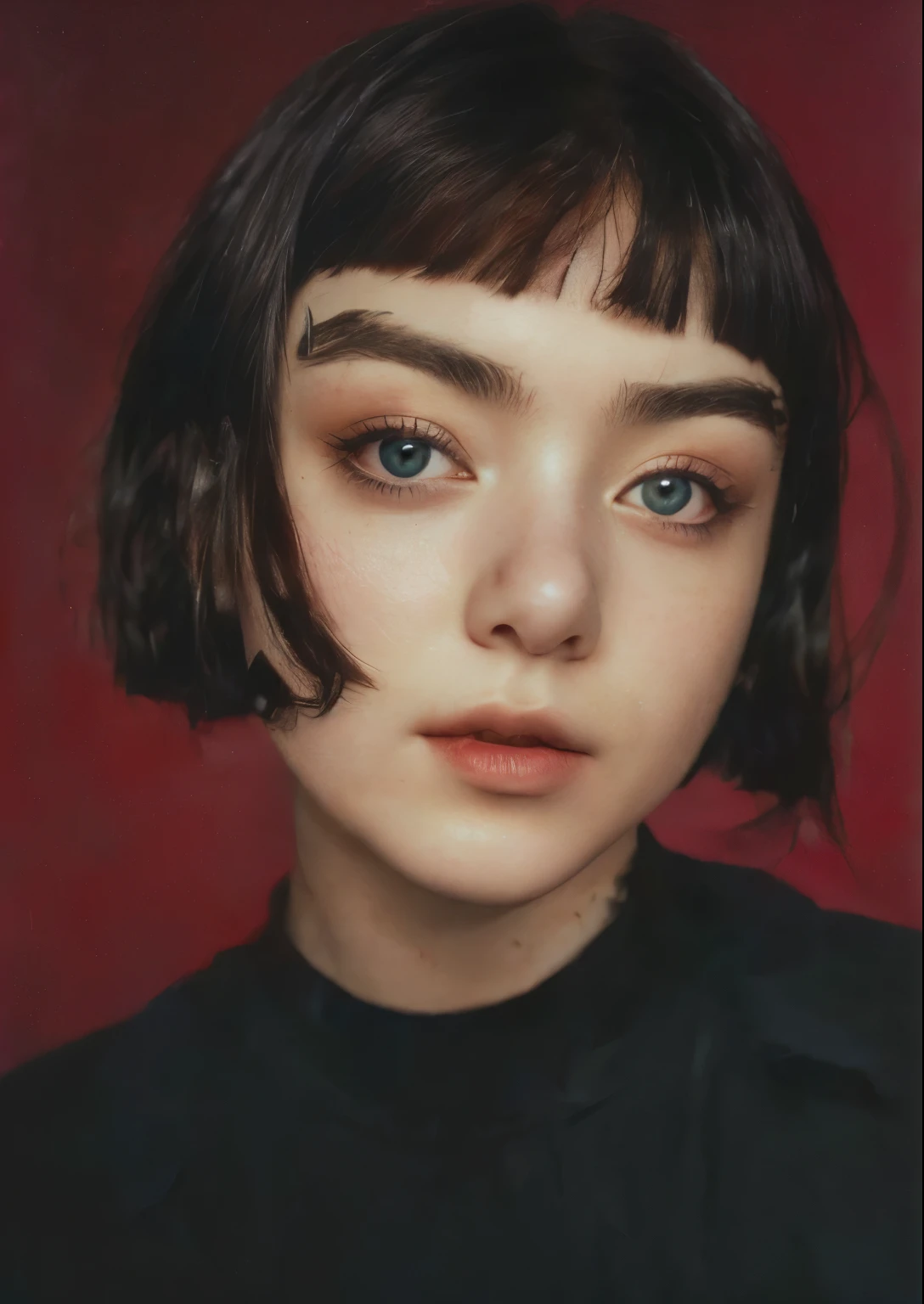 um close up de uma mulher com uma camisa preta e um fundo vermelho, com cabelo curto com franja, retrato de alta qualidade, cabelo arrumado com franja, Maisie Williams, eva elfo, retrato ultra detalhado, Kuvshinov Ilya, French bob, retrato editorial, Aesthetic Portrait, retrato de billie eilish, pelo iraquiano Nadar, 🤤 retrato de