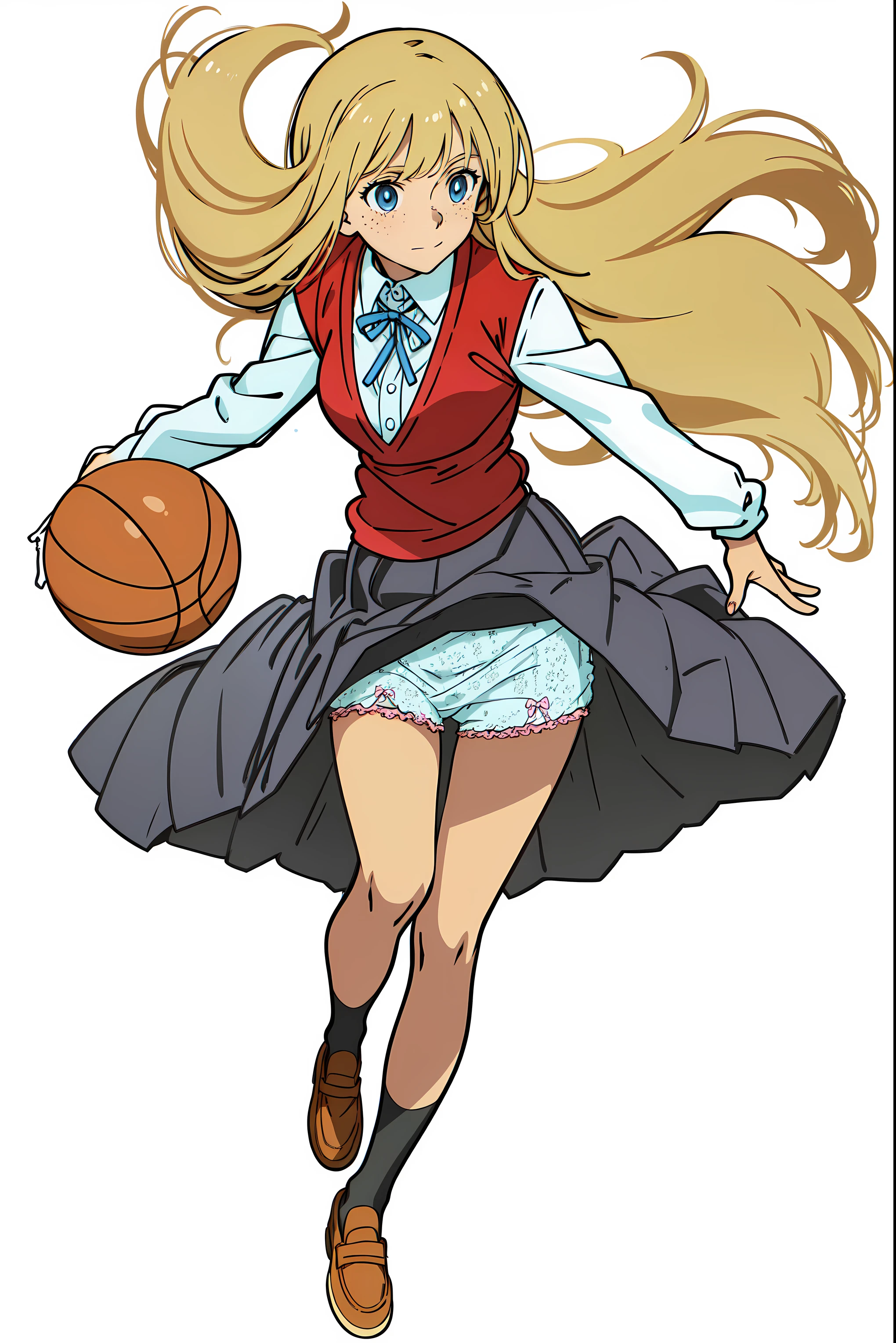 (best quality:1.0), (masterpiece:1.0), (super fine illustration:1.0), (beautiful artwork:1.0), (anime screencap:1.0), (official art:1.0), (tareme:1.5), (playing basketball:1.0), (detailed white cotton frilled panties:1.0), (best quality:1.0), (masterpiece:1.0), (super fine illustration:1.0), (beautiful artwork:1.0), (anime screencap:1.0), (official art:1.0), (european:1.0), (cheerful:1.0), (white background:1.0), (best quality:1.0), (masterpiece:1.0), (super fine illustration:1.0), (beautiful artwork:1.0), (anime screencap:1.0), (official art:1.0), (solo:1.0), (european:1.0), (a 18yo cute girl:1.0), (long skirt:1.0), (black skirt:1.0), (pleated skirt:1.0), (red knit vest:1.0), (white long sleeve collared shirt:1.0), (blue neck ribbon:1.0), (loafers:1.0), (black socks:1.0), (ideal ratio body proportions:1.0), (lanky:1.0), (tall:1.0), (slender:1.0), (small breasts:1.0), (smaller face:1.0), (tareme:1.0), (freckles:1.0), (detailed beautiful eyes:1.0), (detailed beautiful face:1.0), (glowing blue eyes:1.0), (long hair:1.0), (swept bangs:1.0), (blonde hair:1.0), (standing:1.0), (looking at viewer:1.0)
