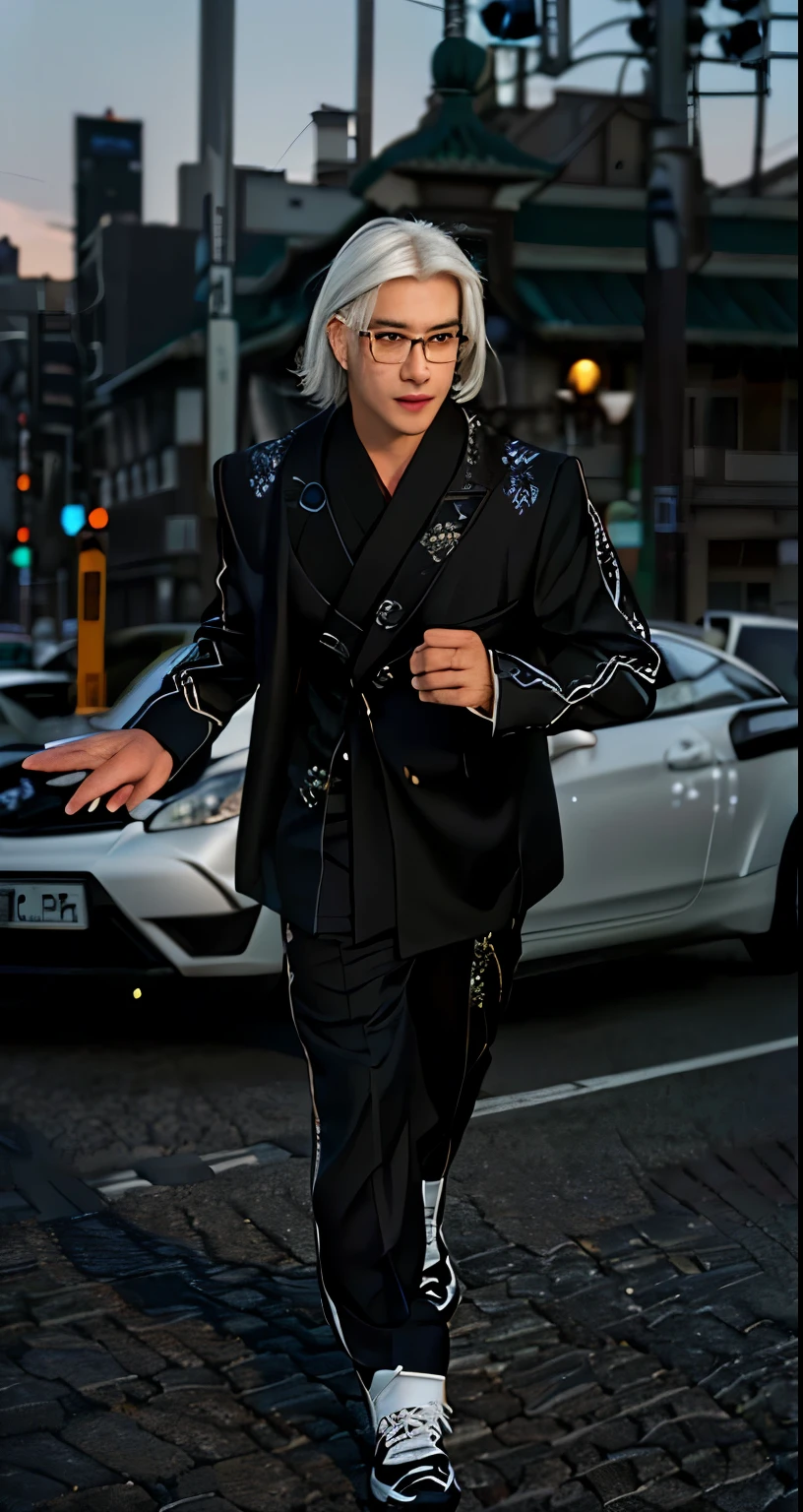 best quality, face focus, soft light, ultra high res, (photorealistic:1.4), face looking forward, handsome with white hair, wearing black eyeglasses, asian cute boy face