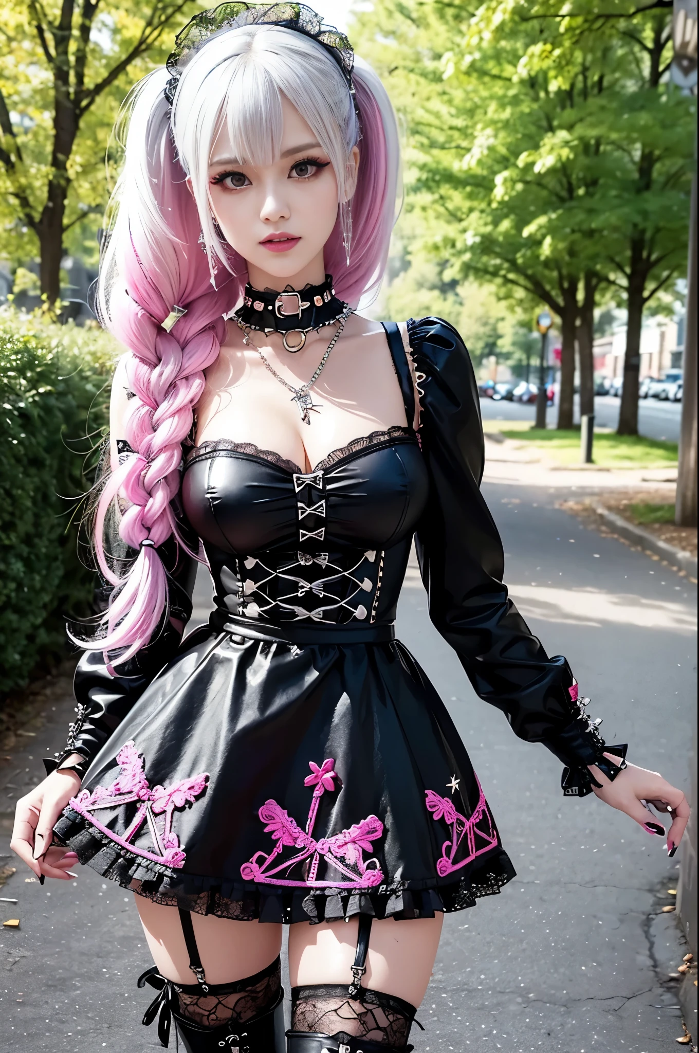 sexy stylish Swedish model, only 1 female, ((doll-like appearance)), long neon pink stylish hair, ((shiny Punk-Style boots)), (big smile), ultra detailed eyes, very detailed makeup, lipgloss, ((sexy Punk ta cosplay)), unconventional skirt, petticoats, high neckline, ((ultra detailed lace)), ((ultra detailed embroidery)), intricate details, tartan patterns, (silver chains), (silver spikes), (safety pins), Punk Loliccessoires, Punk Lolita cr, ((large sparkling Punk Lolita jewel, cinematic light, detailed large park background with trees