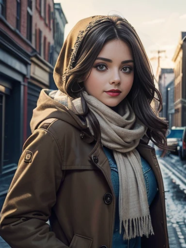 Jenna Louise Coleman、(masterpiece:1.0)、(highest quality:1.2)、(Dark Shot:1.3)、Classic Rogue、1991 Rogue X-Men、1 girl、Only one person、Head to Toe、standing on street corner、Elegant pose、(clothing: Brown winter coat、Brown hood、Down lining、White scarf、gloves、jeans) Medium Hair、Brown Hair、Wavy Hair、1 grey hair、Green Eyeischievous look、Grin、Spread your lips、Red lipstick、Heavy makeup、Confident expression、Backlight、(realism: 1.5)、(realism: 1.4)、(Messy: 1.4)、8k、Very detailed、Detailed beautiful woman、(background: midnight、It's snowing、Downtown New York、Snowy Night)、Official Art、Very detailedな CG Unity 8k 壁紙、Perfect lighting、colorful、超High resolution、photograph、8k、High resolution、Kodak Portrait 400、Film Grain、ぼやけたbackground、(Bokeh:1.2)、(Bright colors:1.2)、Film Grain:1.2、(warm color、warm colorトーン:1.2)、(カラーphotograph)、プロのphotograph