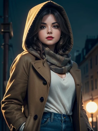 Jenna Louise Coleman、(masterpiece:1.0)、(highest quality:1.2)、(Dark Shot:1.3)、Classic Rogue、1991 Rogue X-Men、1 girl、Only one person、Head to Toe、standing on street corner、Elegant pose、(clothing: Brown winter coat、Brown hood、Down lining、White scarf、gloves、jeans) Medium Hair、Brown Hair、Wavy Hair、1 grey hair、Green Eyeischievous look、Grin、Spread your lips、Red lipstick、Heavy makeup、Confident expression、Backlight、(realism: 1.5)、(realism: 1.4)、(Messy: 1.4)、8k、Very detailed、Detailed beautiful woman、(background: midnight、It&#39;s snowing、Downtown New York、Snowy Night)、Official Art、Very detailedな CG Unity 8k 壁紙、Perfect lighting、colorful、超High resolution、photograph、8k、High resolution、Kodak Portrait 400、Film Grain、ぼやけたbackground、(Bokeh:1.2)、(Bright colors:1.2)、Film Grain:1.2、(warm color、warm colorトーン:1.2)、(カラーphotograph)、プロのphotograph