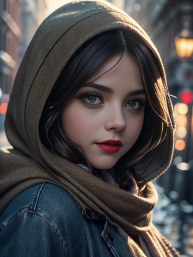 Jenna Louise Coleman、(masterpiece:1.0)、(highest quality:1.2)、(Dark Shot:1.3)、Classic Rogue、1991 Rogue X-Men、1 girl、Only one person、Head to Toe、standing on street corner、Elegant pose、(clothing: Brown winter coat、Brown hood、Down lining、White scarf、gloves、jeans) Medium Hair、Brown Hair、Wavy Hair、1 grey hair、Green Eyeischievous look、Grin、Spread your lips、Red lipstick、Heavy makeup、Confident expression、Backlight、(realism: 1.5)、(realism: 1.4)、(Messy: 1.4)、8k、Very detailed、Detailed beautiful woman、(background: midnight、It's snowing、Downtown New York、Snowy Night)、Official Art、Very detailedな CG Unity 8k 壁紙、Perfect lighting、colorful、超High resolution、photograph、8k、High resolution、Kodak Portrait 400、Film Grain、ぼやけたbackground、(Bokeh:1.2)、(Bright colors:1.2)、Film Grain:1.2、(warm color、warm colorトーン:1.2)、(カラーphotograph)、プロのphotograph