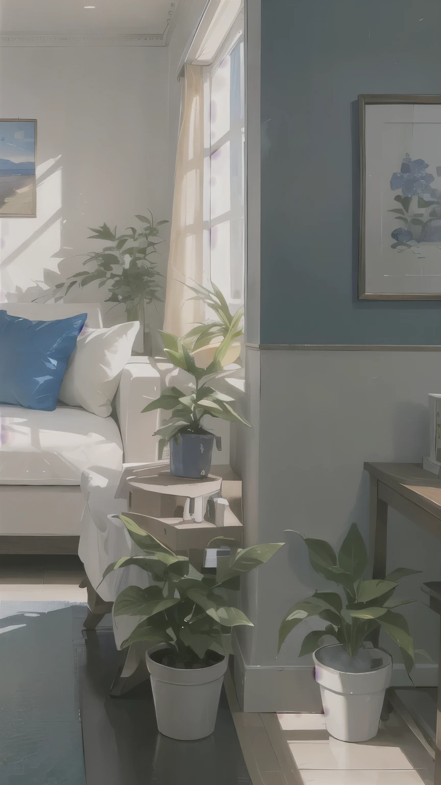 (ultra high resolution,Photorealistic,Best quality,Photorealistic),(8K,Raw photo,Best quality,masterpiece),(photon mapping,radiation,Physically based rendering,automatic white balance),Light room, Lots of potted flowers, light sofa, paintings 