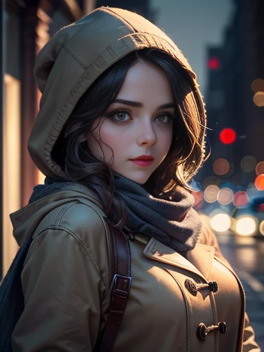 Jenna Louise Coleman、(masterpiece:1.0)、(highest quality:1.2)、(Dark Shot:1.3)、Classic Rogue、1991 Rogue X-Men、1 girl、Only one person、Head to Toe、standing on street corner、Elegant pose、(clothing: Brown winter coat、Brown hood、Down lining、White scarf、gloves、jeans) Medium Hair、Brown Hair、Wavy Hair、1 grey hair、Green Eyeischievous look、Grin、Spread your lips、Red lipstick、Heavy makeup、Confident expression、Backlight、(realism: 1.5)、(realism: 1.4)、(Messy: 1.4)、8k、Very detailed、Detailed beautiful woman、(background: midnight、It's snowing、Downtown New York、Snowy Night)、Official Art、Very detailedな CG Unity 8k 壁紙、Perfect lighting、colorful、超High resolution、photograph、8k、High resolution、Kodak Portrait 400、Film Grain、ぼやけたbackground、(Bokeh:1.2)、(Bright colors:1.2)、Film Grain:1.2、(warm color、warm colorトーン:1.2)、(カラーphotograph)、プロのphotograph