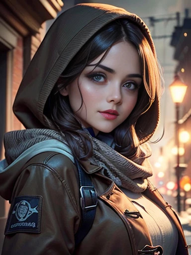 Jenna Louise Coleman、(masterpiece:1.0)、(highest quality:1.2)、(Dark Shot:1.3)、Classic Rogue、1991 Rogue X-Men、1 girl、Only one person、Head to Toe、standing on street corner、Elegant pose、(clothing: Brown winter coat、Brown hood、Down lining、White scarf、gloves、jeans) Medium Hair、Brown Hair、Wavy Hair、1 grey hair、Green Eyeischievous look、Grin、Spread your lips、Red lipstick、Heavy makeup、Confident expression、Backlight、(realism: 1.5)、(realism: 1.4)、(Messy: 1.4)、8k、Very detailed、Detailed beautiful woman、(background: midnight、It&#39;s snowing、Downtown New York、Snowy Night)、Official Art、Very detailedな CG Unity 8k 壁紙、Perfect lighting、colorful、超High resolution、photograph、8k、High resolution、Kodak Portrait 400、Film Grain、ぼやけたbackground、(Bokeh:1.2)、(Bright colors:1.2)、Film Grain:1.2、(warm color、warm colorトーン:1.2)、(カラーphotograph)、プロのphotograph