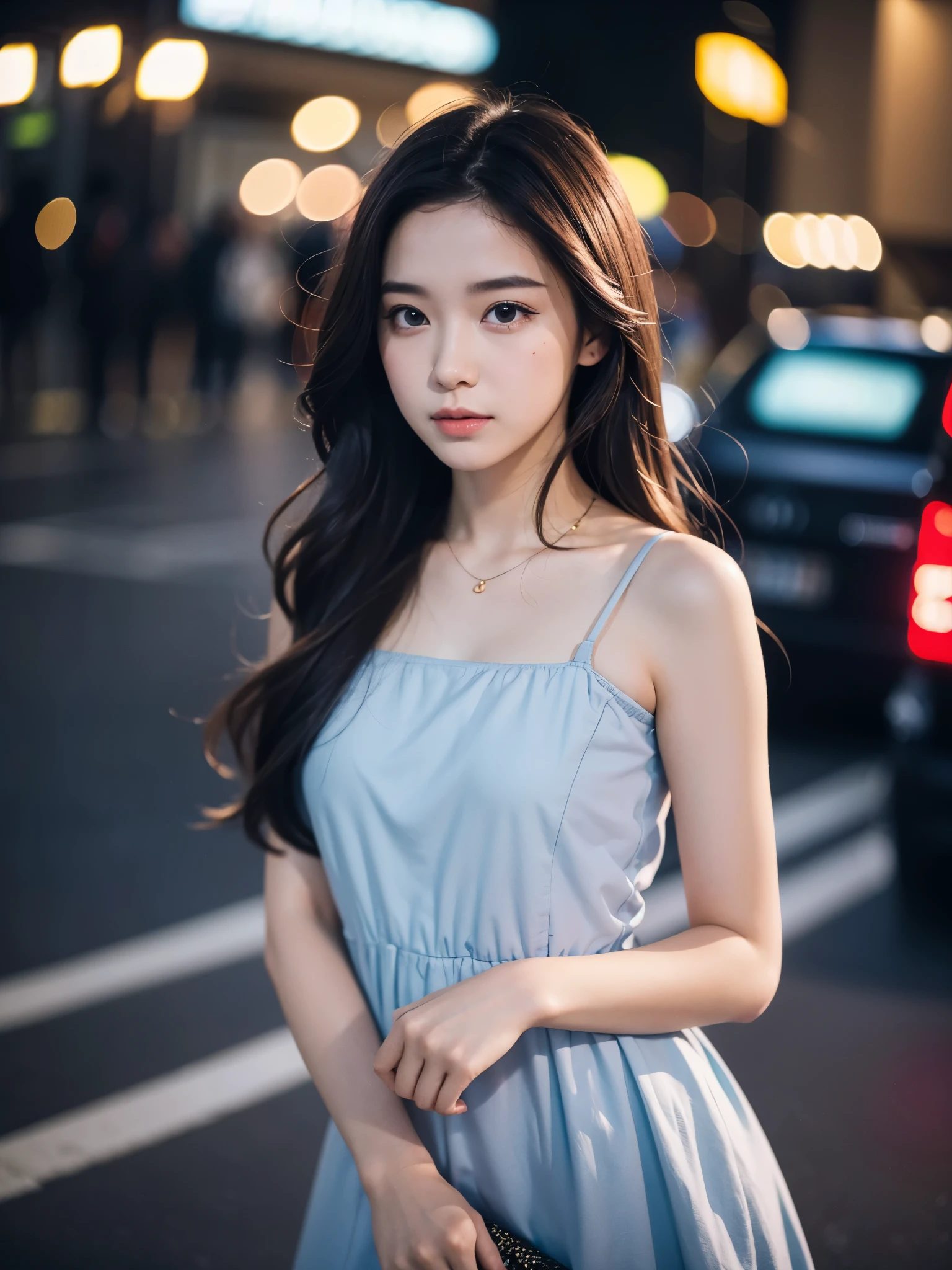 instagram photo,closeup face photo of 18 y.o swedish woman in dress,beautiful face,makeup,night city street,bokeh,motion blur,