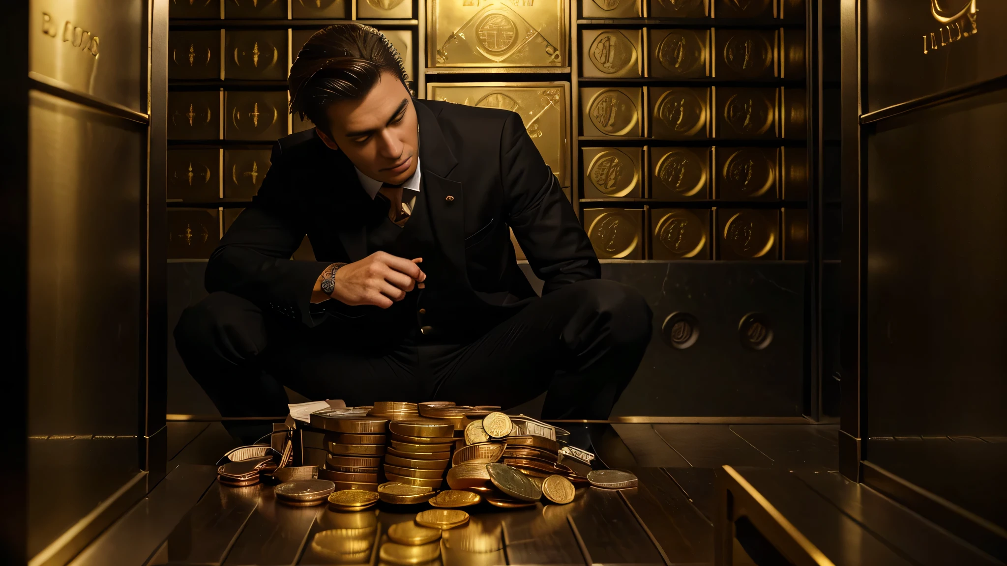 a man wearing a black suit in a bank vault full of gold money and coins, ultra realistic image, high level of detail, 8k, hyper realism, vivid and intense colors